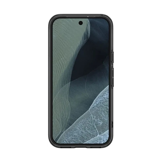 Un teléfono negro con funda protectora muestra una vista aérea de olas marinas.