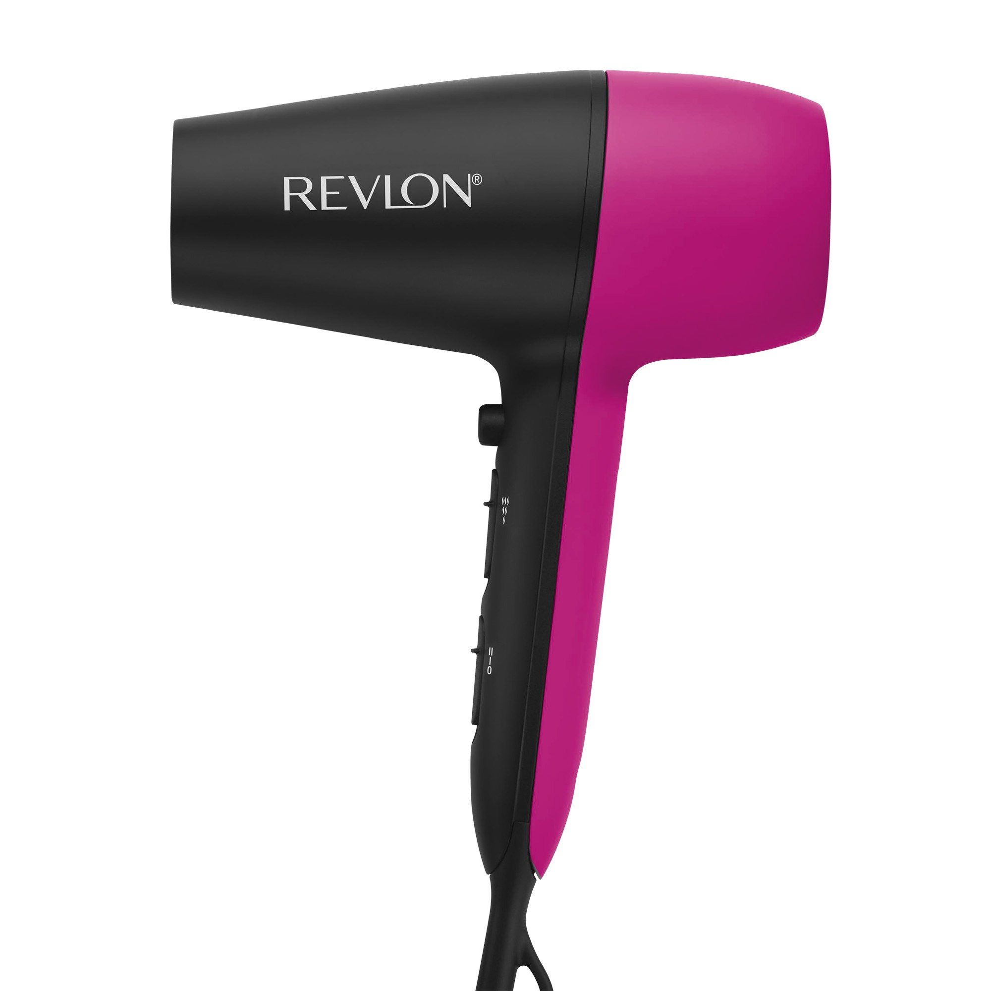 Czarno-różowa suszarka do włosów Revlon na białym tle z przełącznikami sterującymi na rączce.