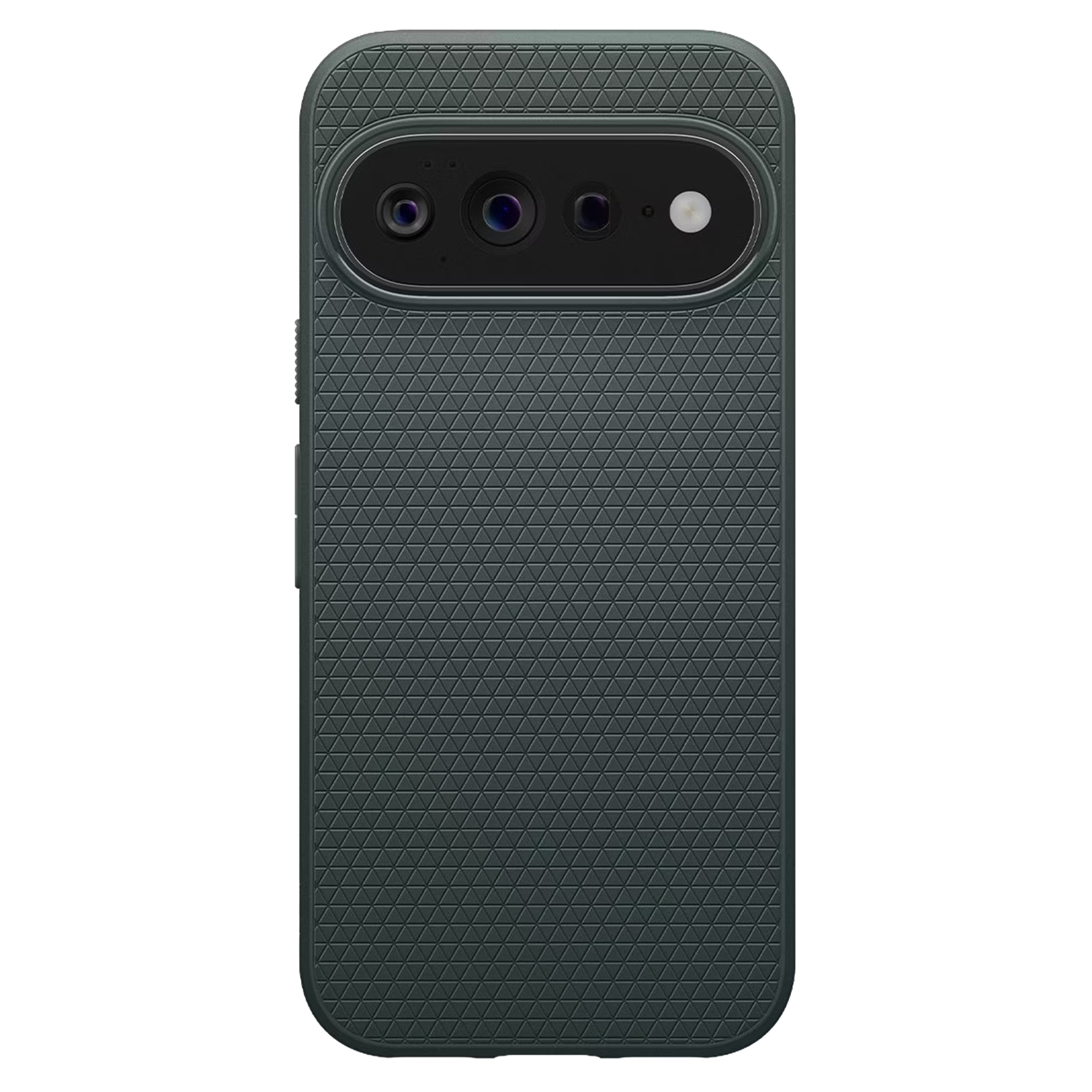 Funda de smartphone verde oscura con patrón triangular y módulo de cámara horizontal.