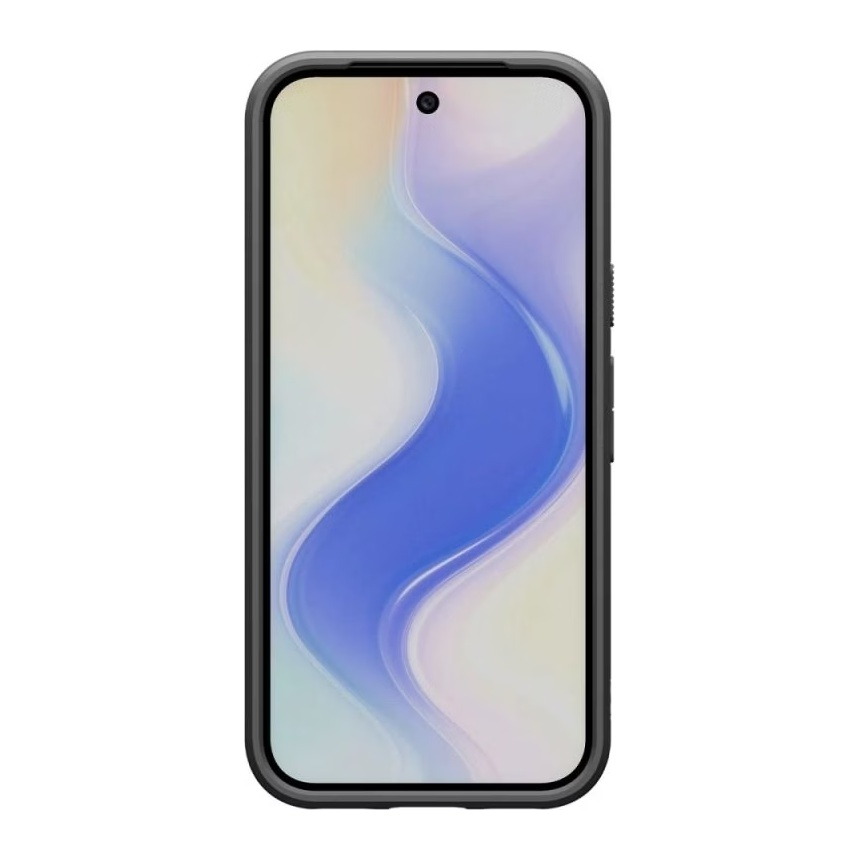 Smartphone negro con un fondo de pantalla de onda abstracta azul y blanca.