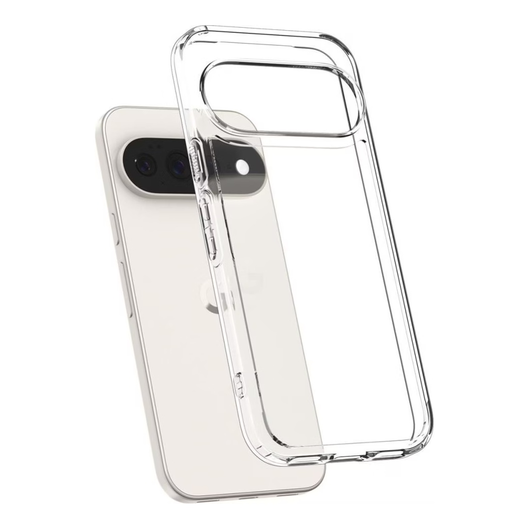 Een witte smartphoneachterkant met camera en een transparant beschermhoesje zweven op een witte achtergrond.