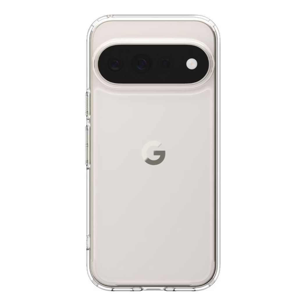 Achterkant van een lichte smartphone in een doorzichtige hoes, met horizontale camerabalk en Google-logo.