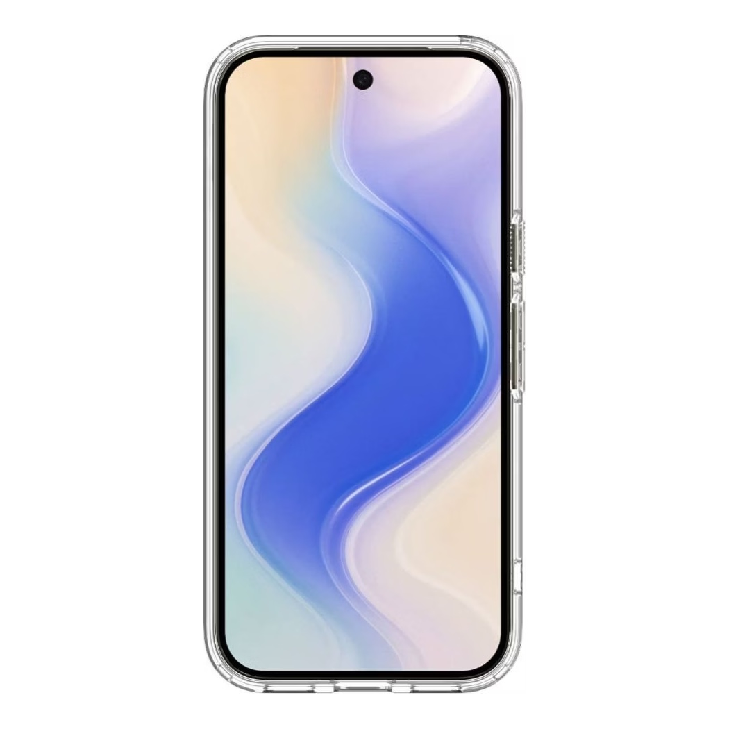Een smartphone in een doorzichtige beschermhoes toont een blauwe en beige golfachtergrond.