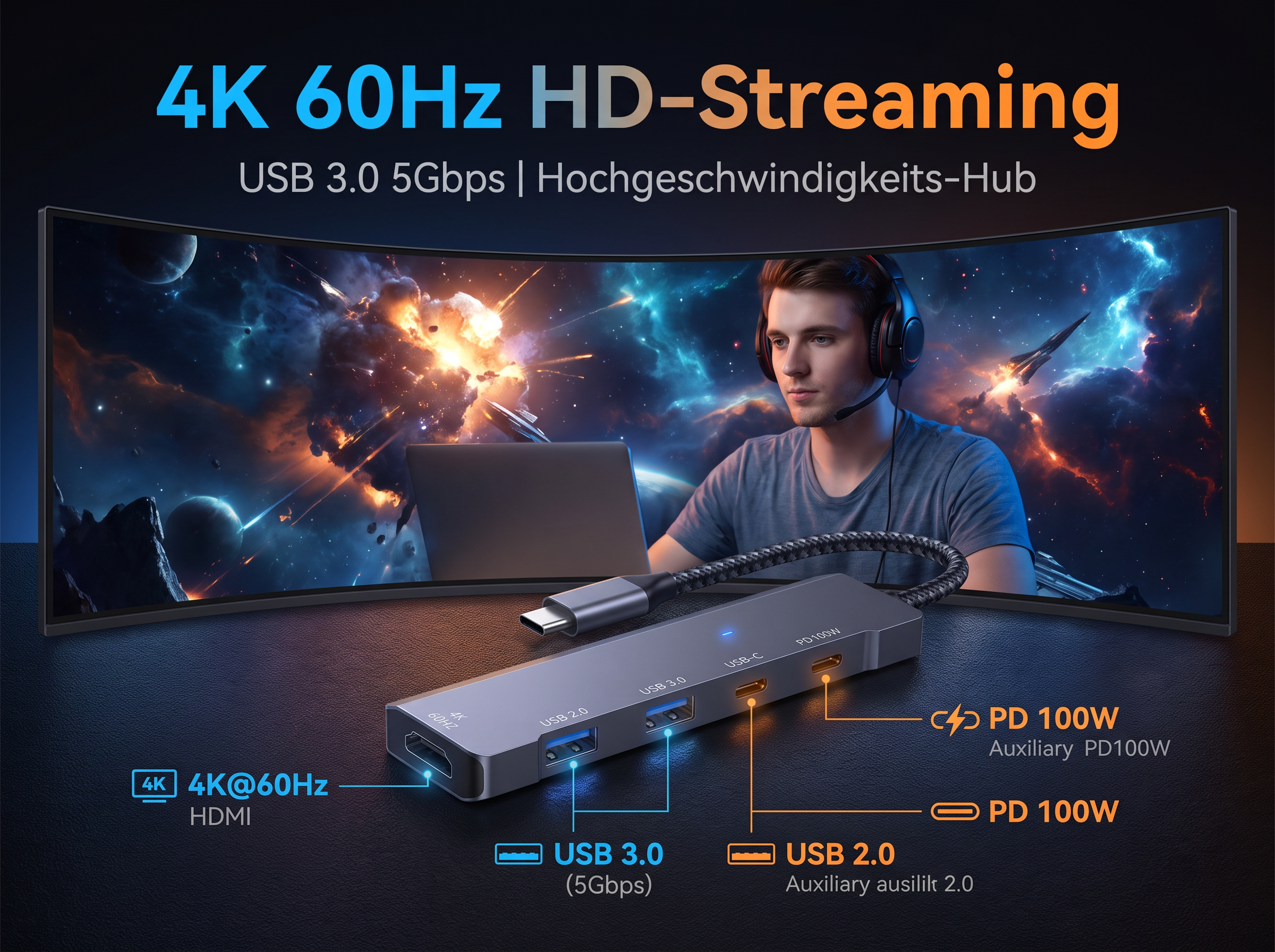 Ein grauer USB-Hub mit HDMI, USB 3.0 und PD 100W Anschlüssen vor einem Curved Monitor und Gaming-Setup.