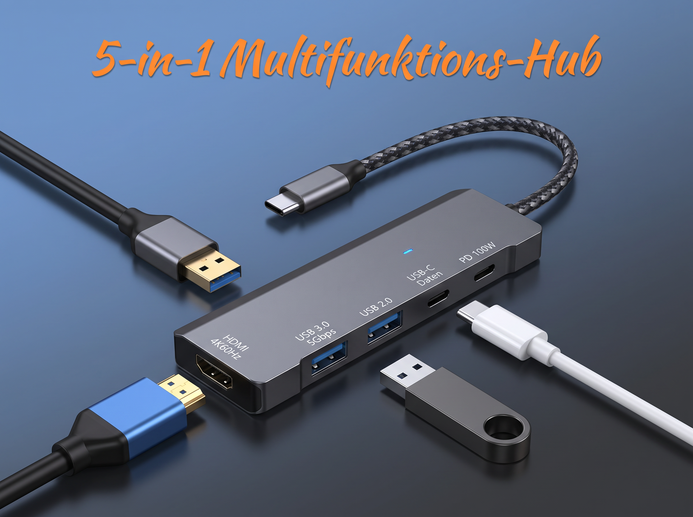 Ein grauer 5-in-1-Multifunktions-Hub mit verschiedenen angeschlossenen Kabeln und USB-Geräten vor blauem Hintergrund.