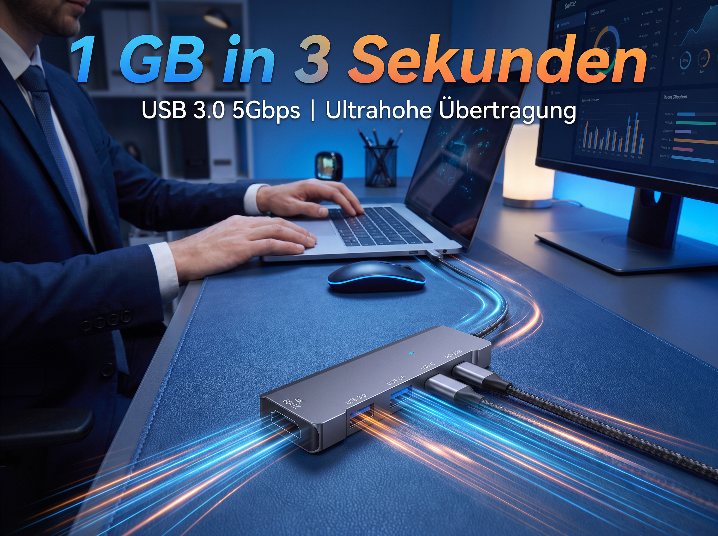 Ein USB-C-Hub mit blauen und orangefarbenen Lichtstrahlen, verbunden mit einem Laptop und Monitor.