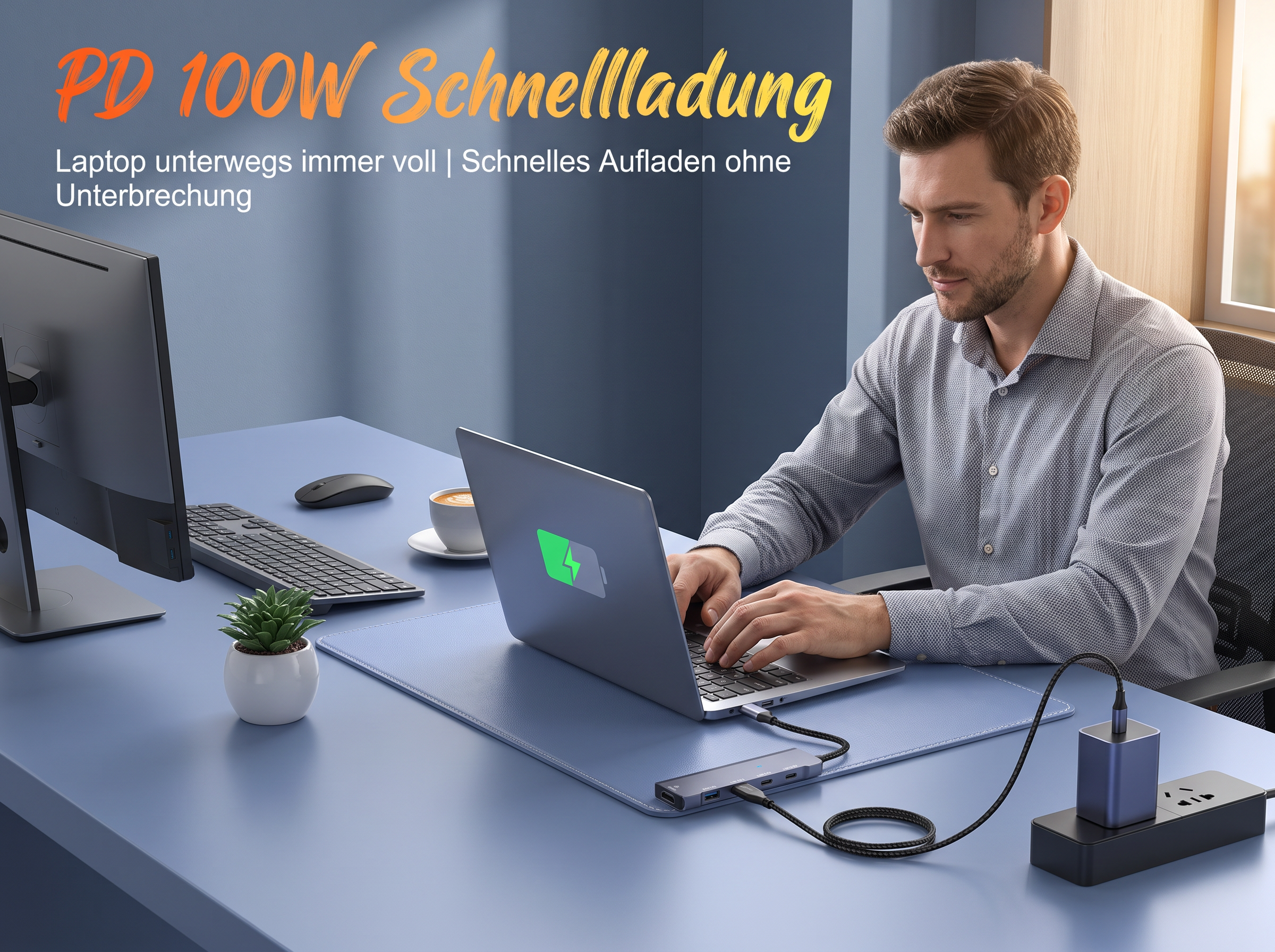 Ein Mann tippt an einem Schreibtisch auf einen Laptop, der durch einen USB-C-Hub mit einem Ladegerät verbunden ist.