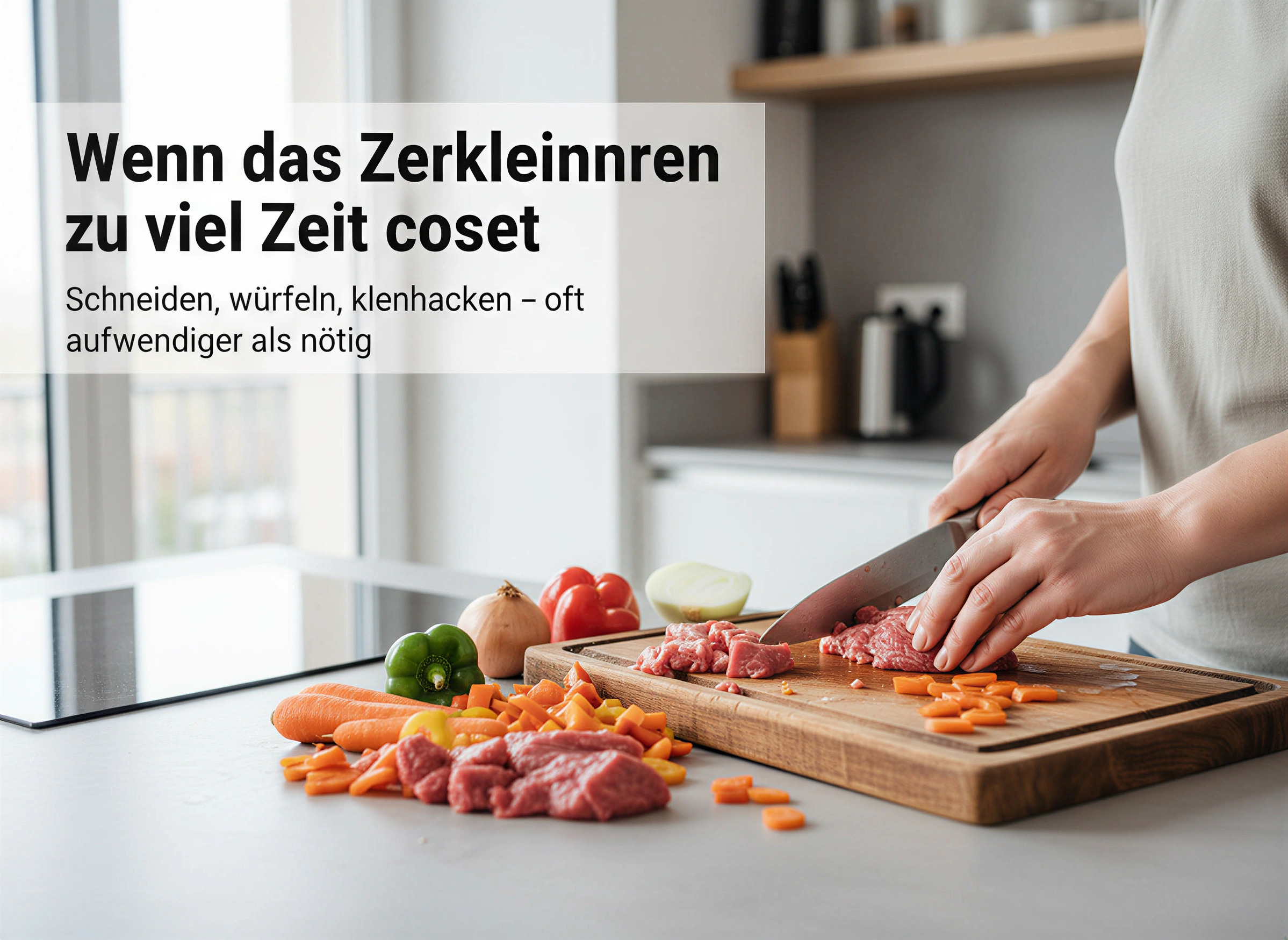 Person schneidet Fleisch und Gemüse auf einem Holzbrett in der Küche mit deutschem Text.