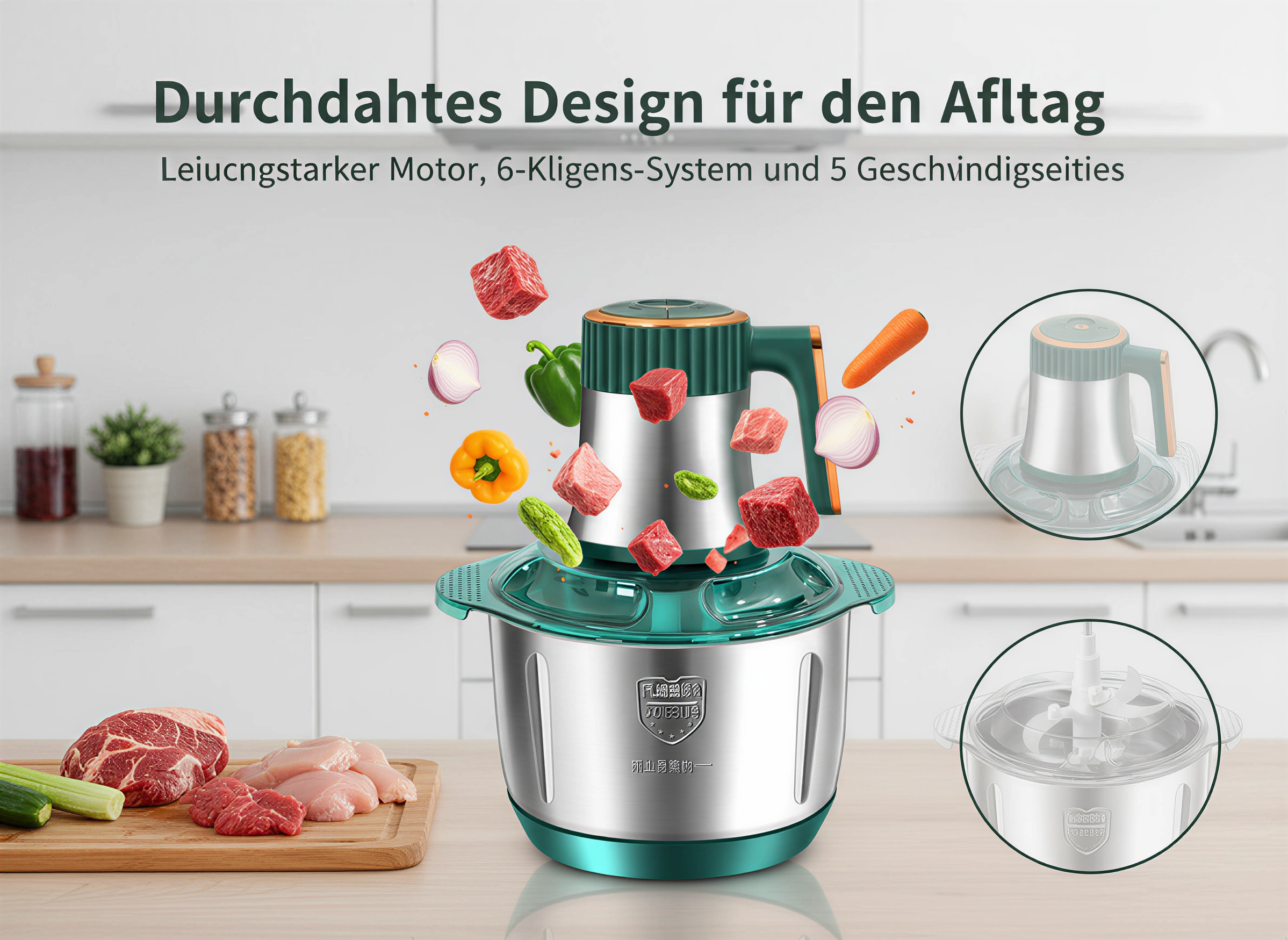 Ein grüner und silberner Zerkleinerer mit schwebendem Gemüse und Fleisch in einer Küche.