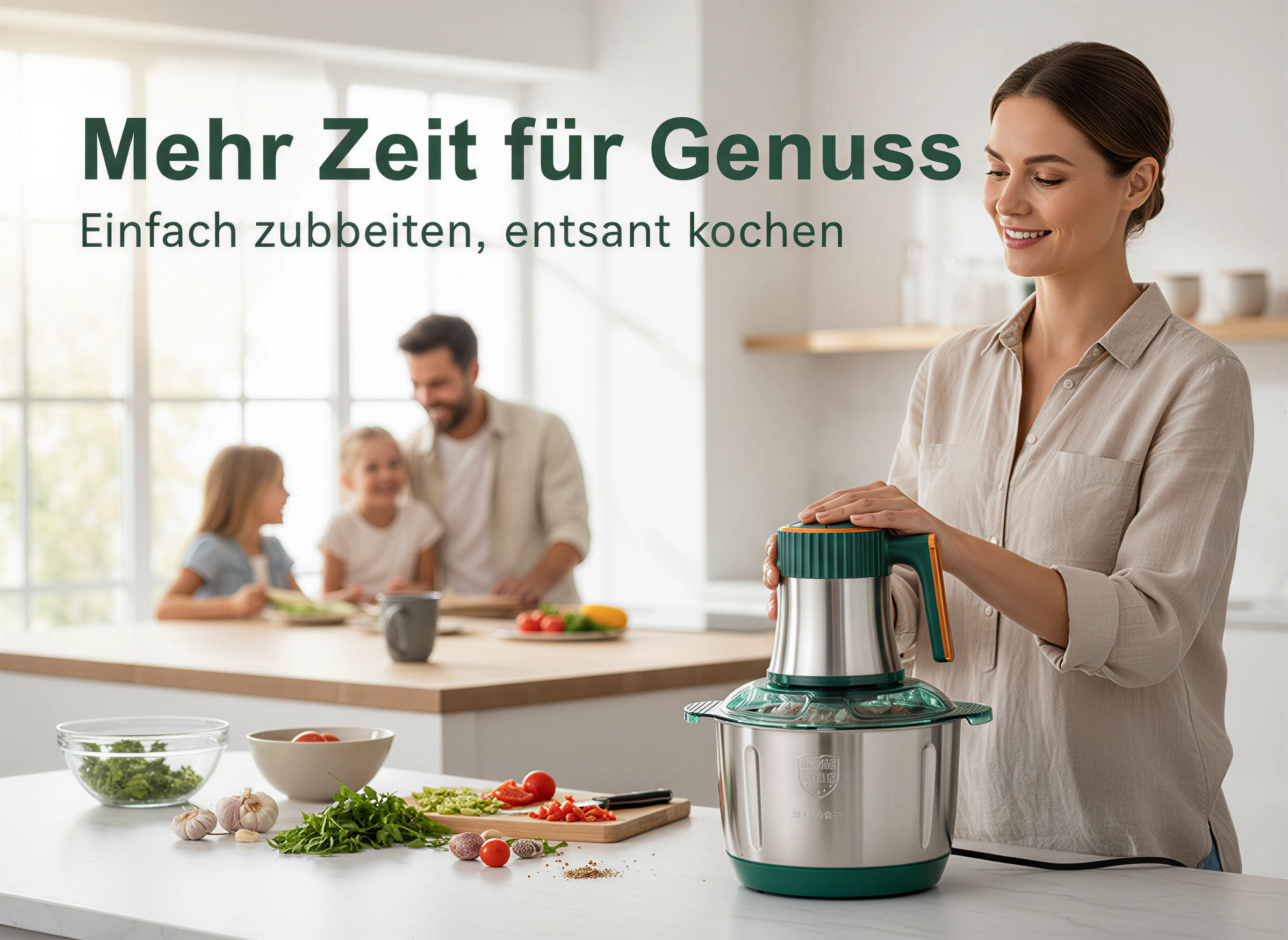 Frau bedient einen elektrischen ZerkleINERer in einer hellen Küche, im Hintergrund sitzt eine Familie am Tisch.