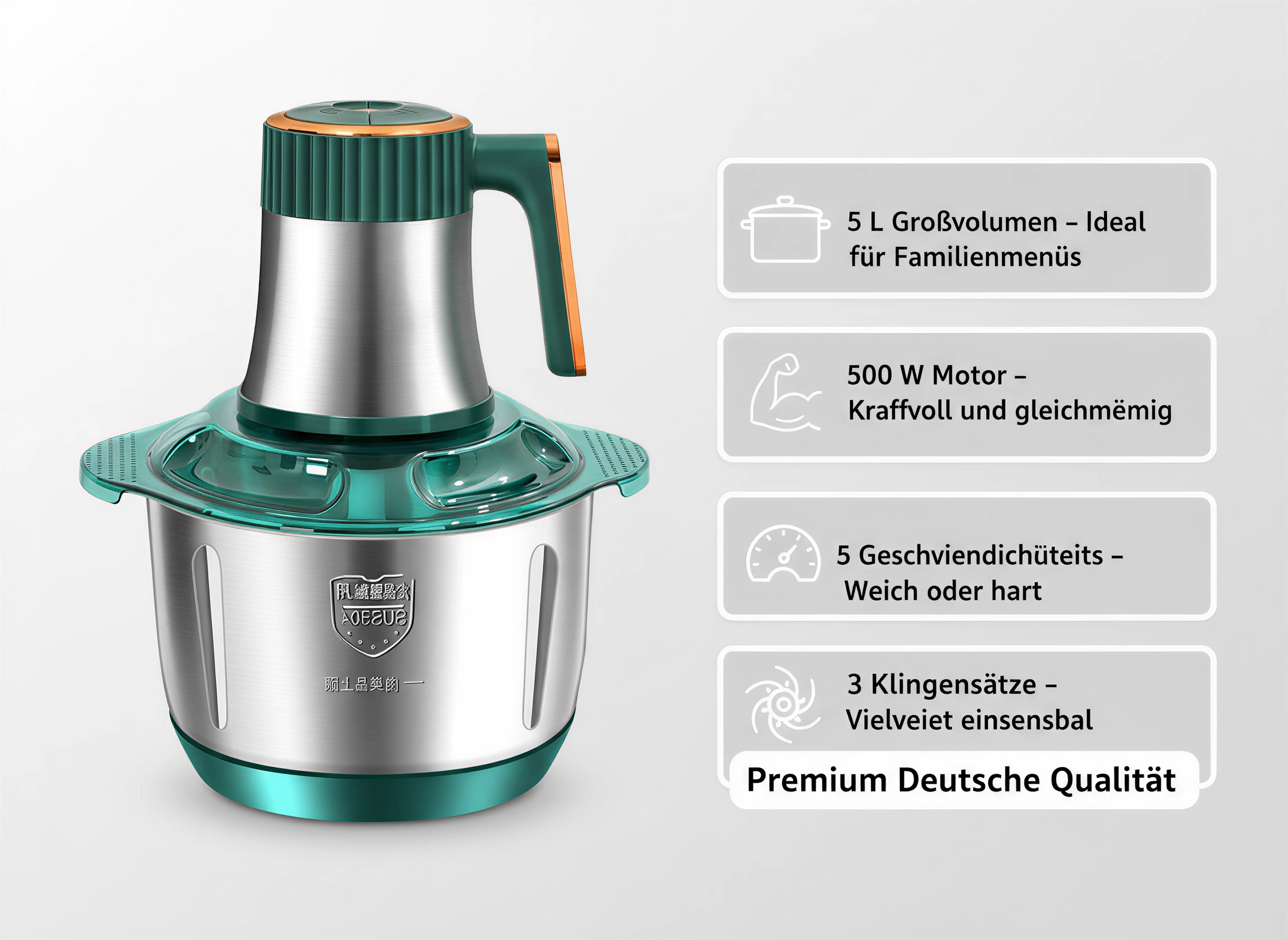 Grüner und silberner Fleischwolf mit Merkmalen wie 5L Fassungsvermögen und 500W Motor.