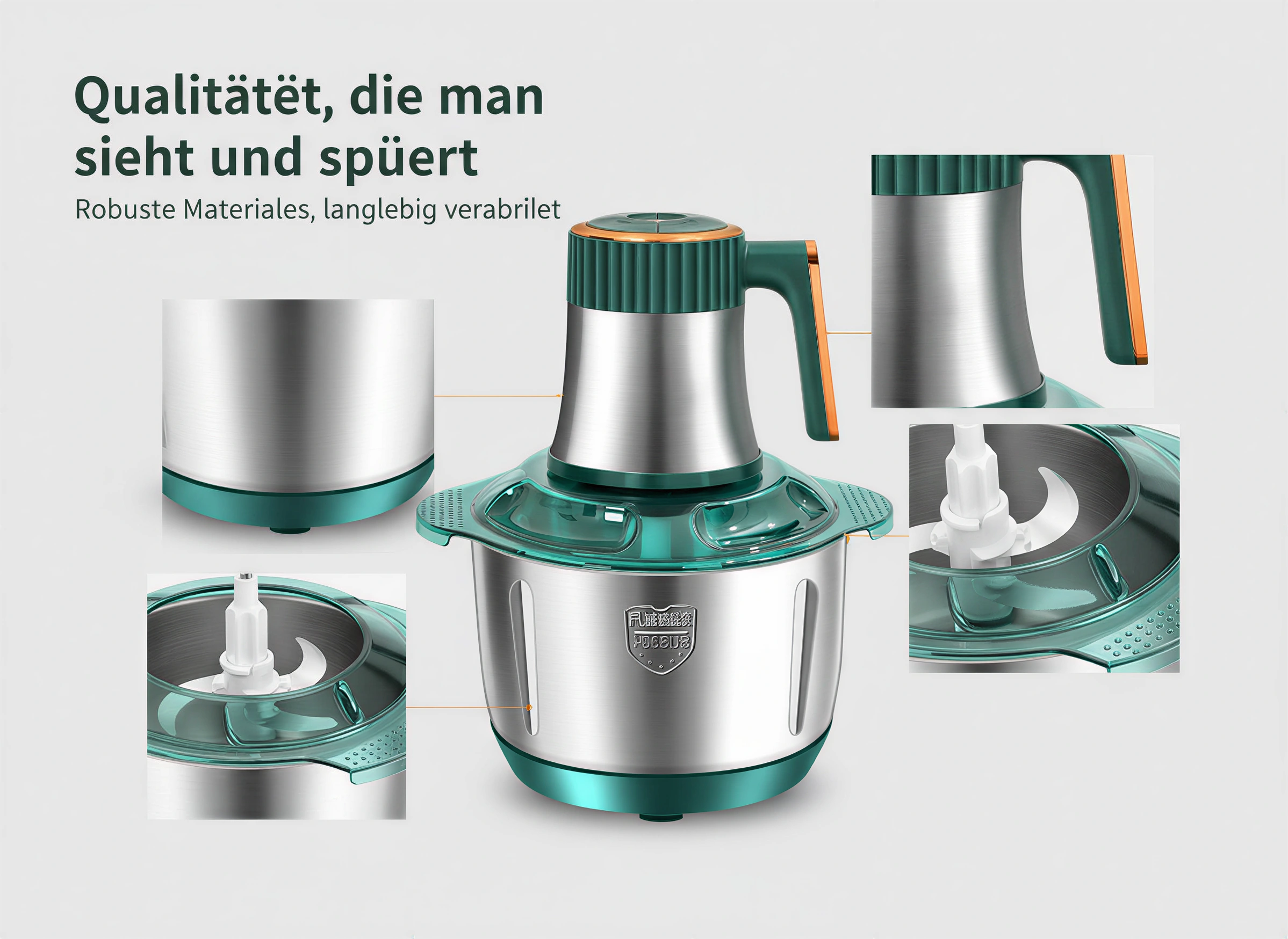 Ein grüner elektrischer Fleischwolf mit Edelstahlbehälter und vier Detailausschnitten auf hellgrauem Hintergrund.