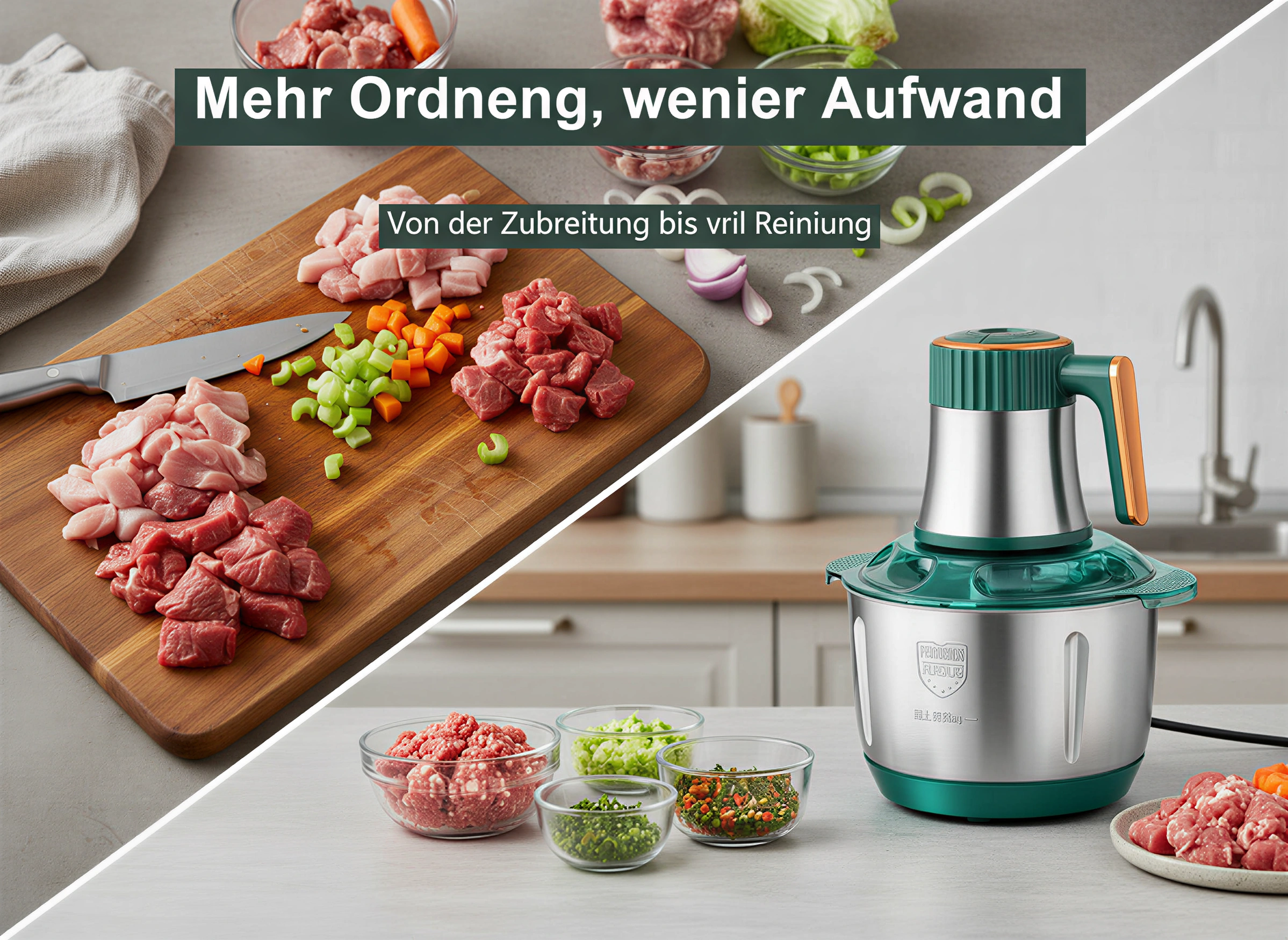 Ein hölzernes Schneidebrett mit Fleisch und Gemüse sowie ein elektrischer Zerkleinerer auf einer Küchenarbeitsplatte.