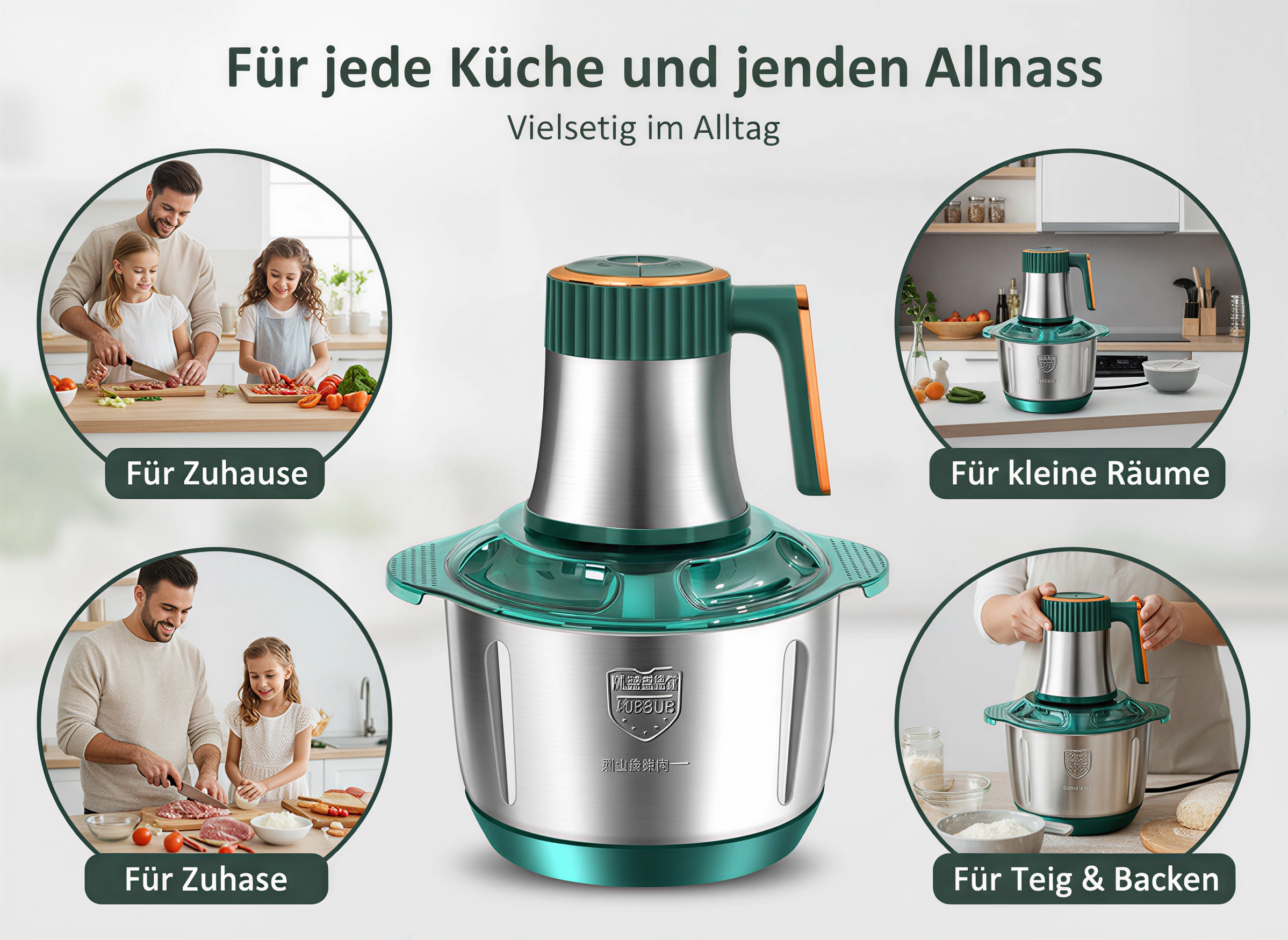 Grüner und silberner Fleischwolf mit vier Insets, die den Gebrauch in der Küche zeigen.
