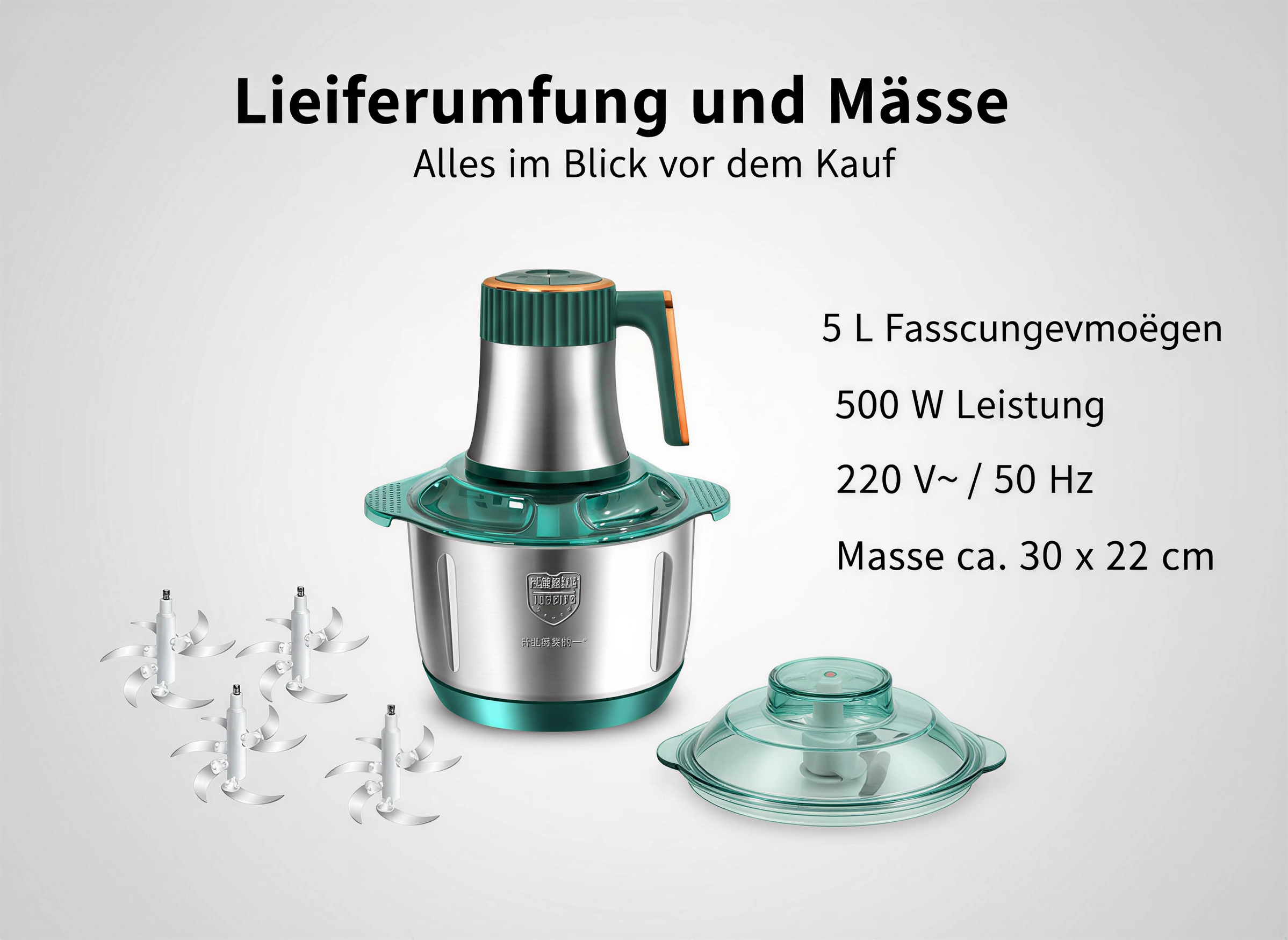 Grüner elektrischer Fleischwolf mit Zubehör und technischen Daten.