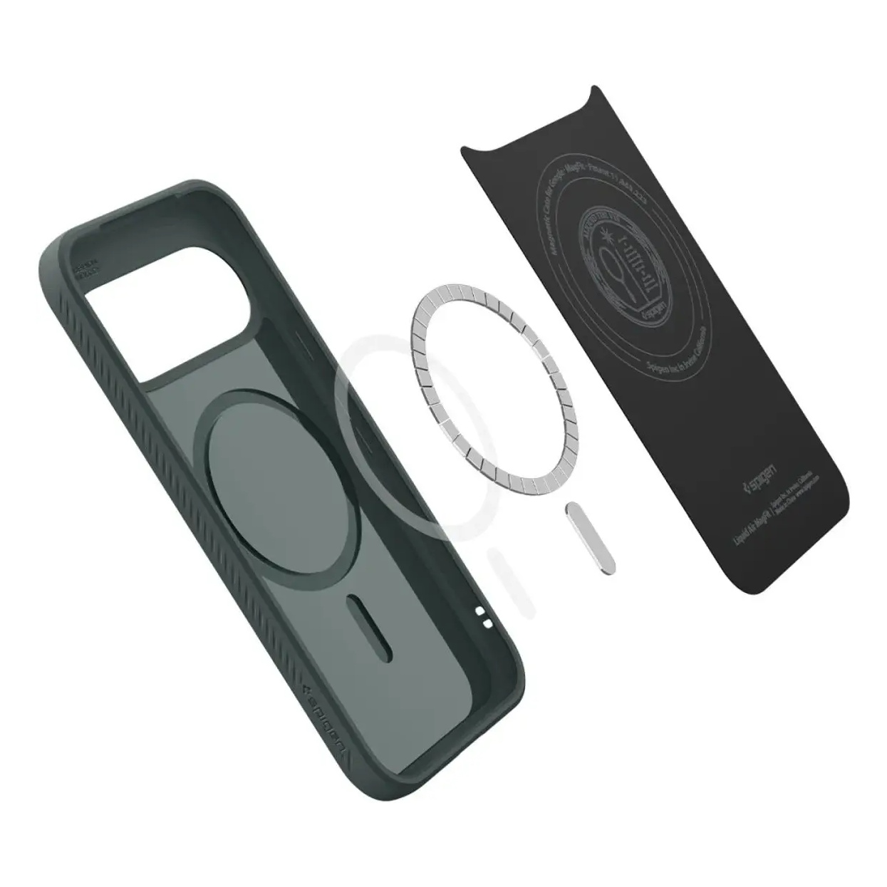 Een grijs smartphonehoesje wordt gedemonteerd getoond met de interne magnetische en beschermende onderdelen op wit.