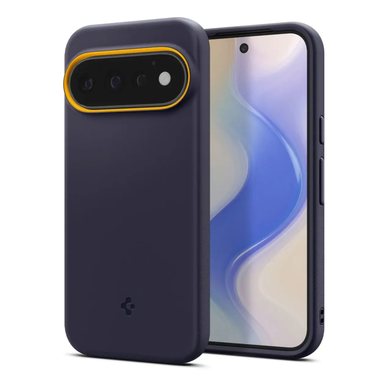 Funda de smartphone azul oscuro con marco de cámara amarillo y vista frontal con pantalla.