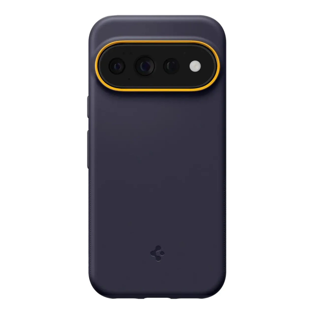 Funda de smartphone azul oscuro con borde de cámara amarillo y tres lentes.