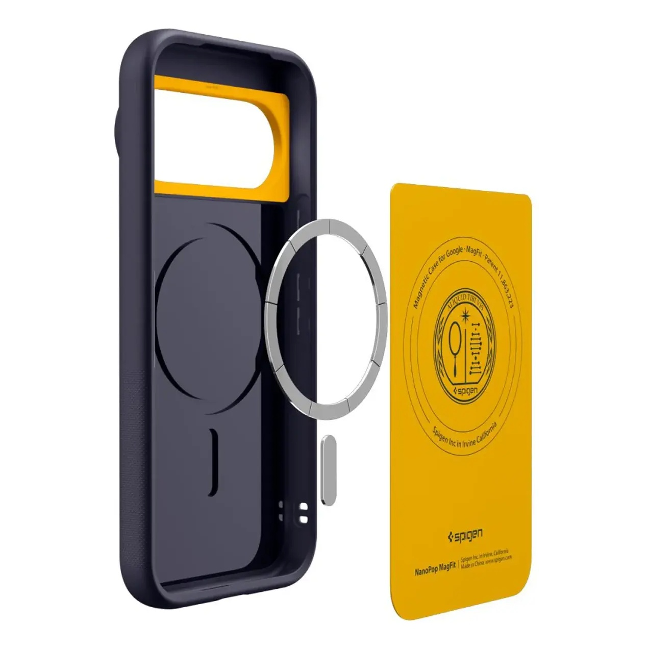 Funda de teléfono azul oscuro con detalles amarillos, un anillo magnético plateado y una tarjeta amarilla.
