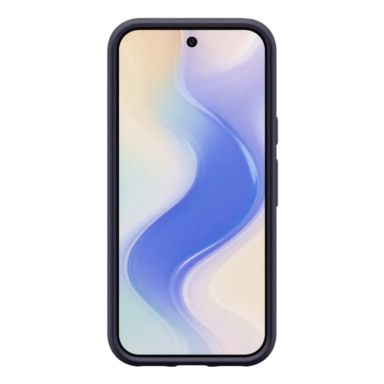 Un teléfono inteligente en funda oscura con fondo de pantalla de onda azul.