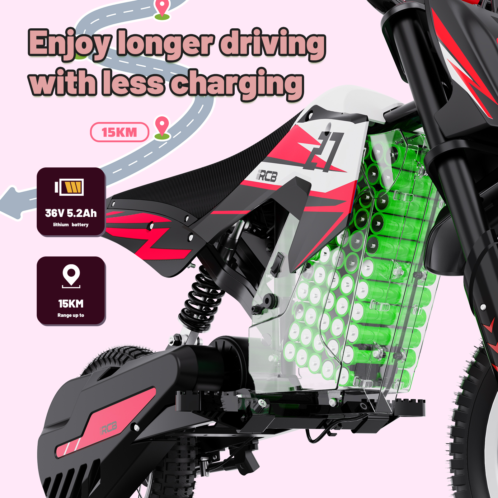An electric kids motorcycle features a visible green lithium battery and text stating 'Enjoy longer driving with less charging'.