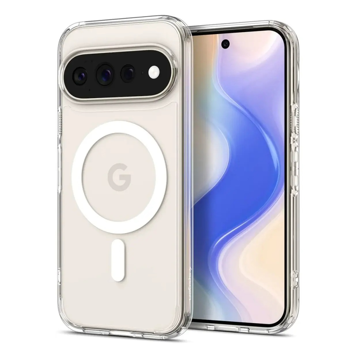 Un teléfono en una funda transparente con un anillo magnético atrás y la pantalla brillante al frente.