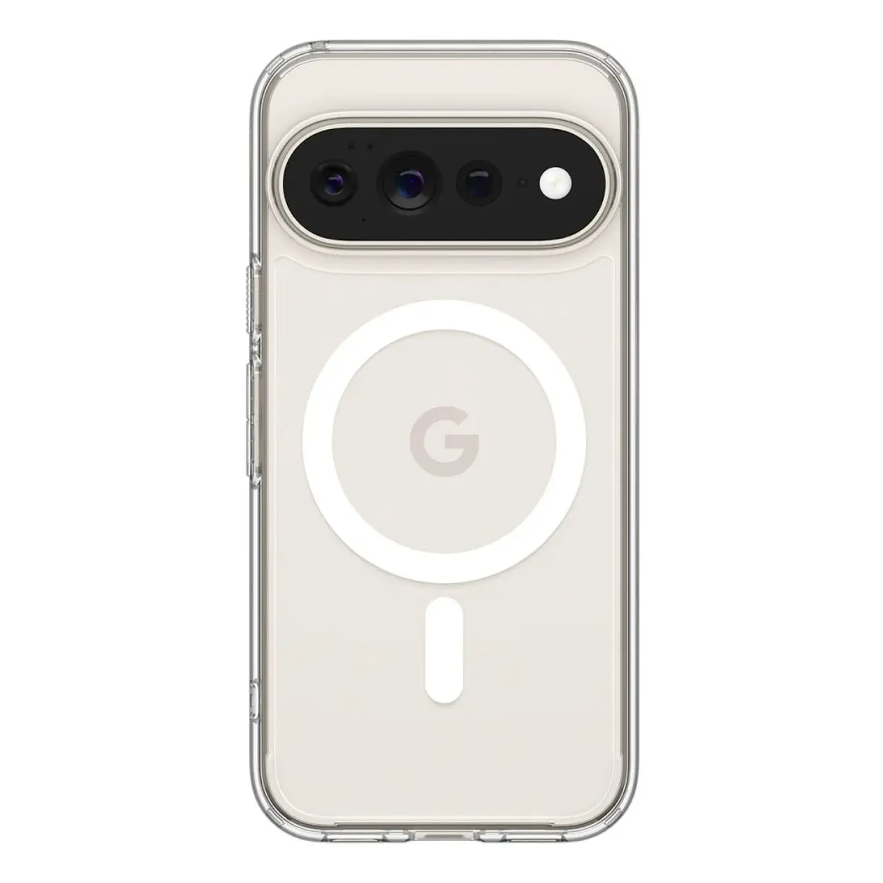 Vista trasera de un smartphone en funda transparente con un anillo magnético circular y módulo de cámara negro.