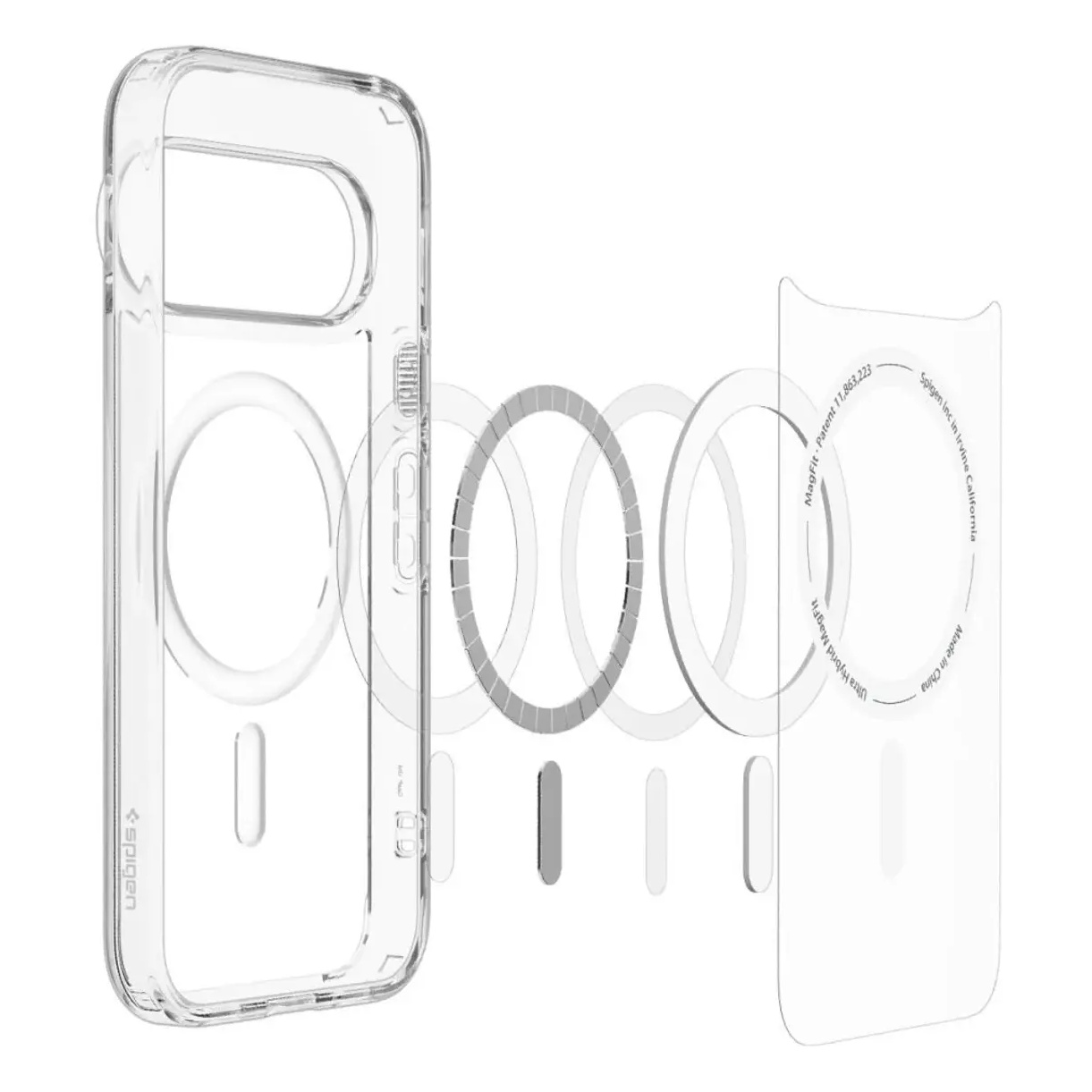 Vista explosionada de una funda de teléfono transparente que muestra capas magnéticas.