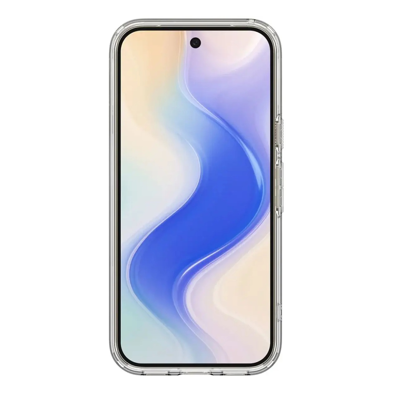 Un teléfono inteligente en una funda transparente muestra un fondo de pantalla ondulado azul y blanco.