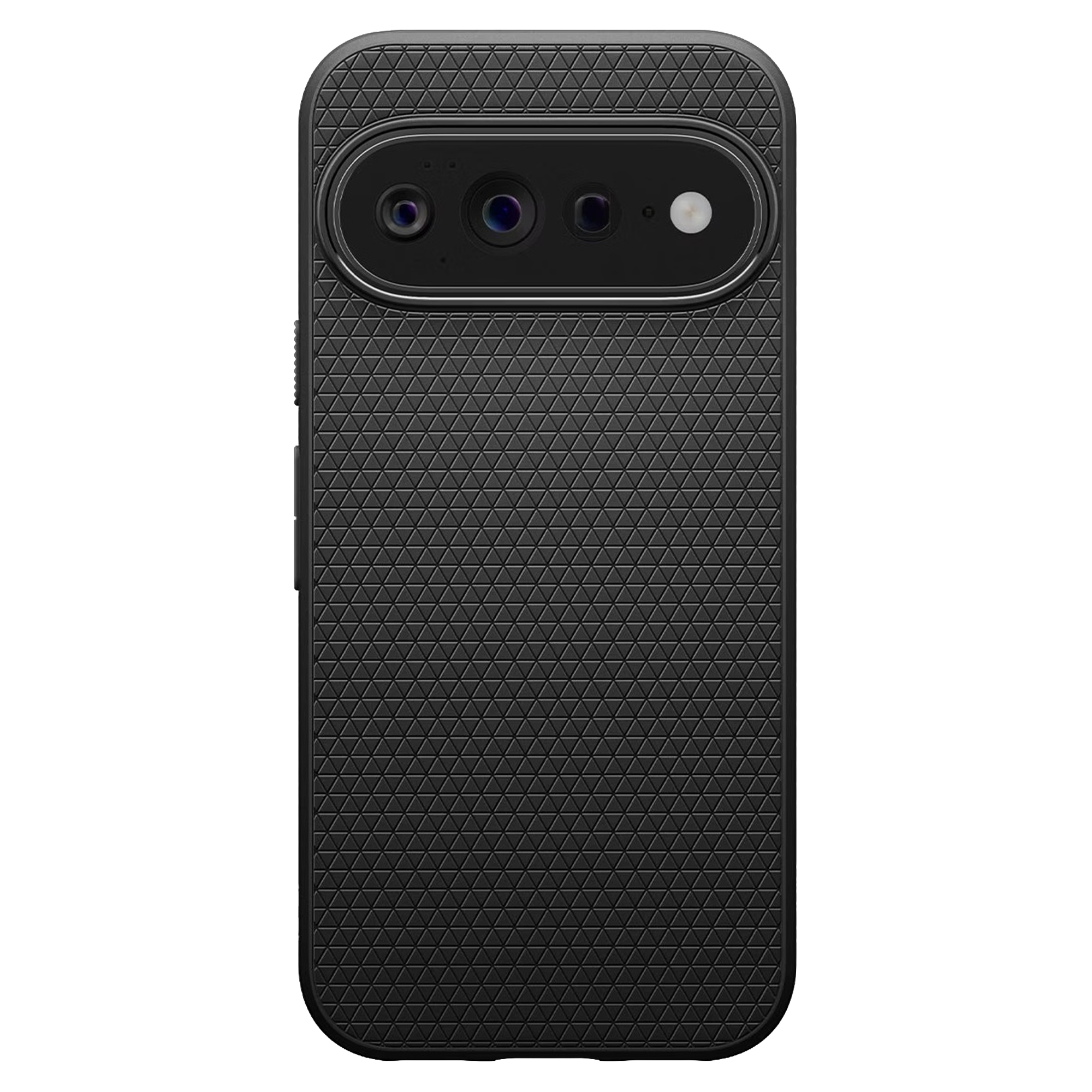 Una funda de smartphone negra con patrón triangular y una barra de cámara horizontal en la parte superior.
