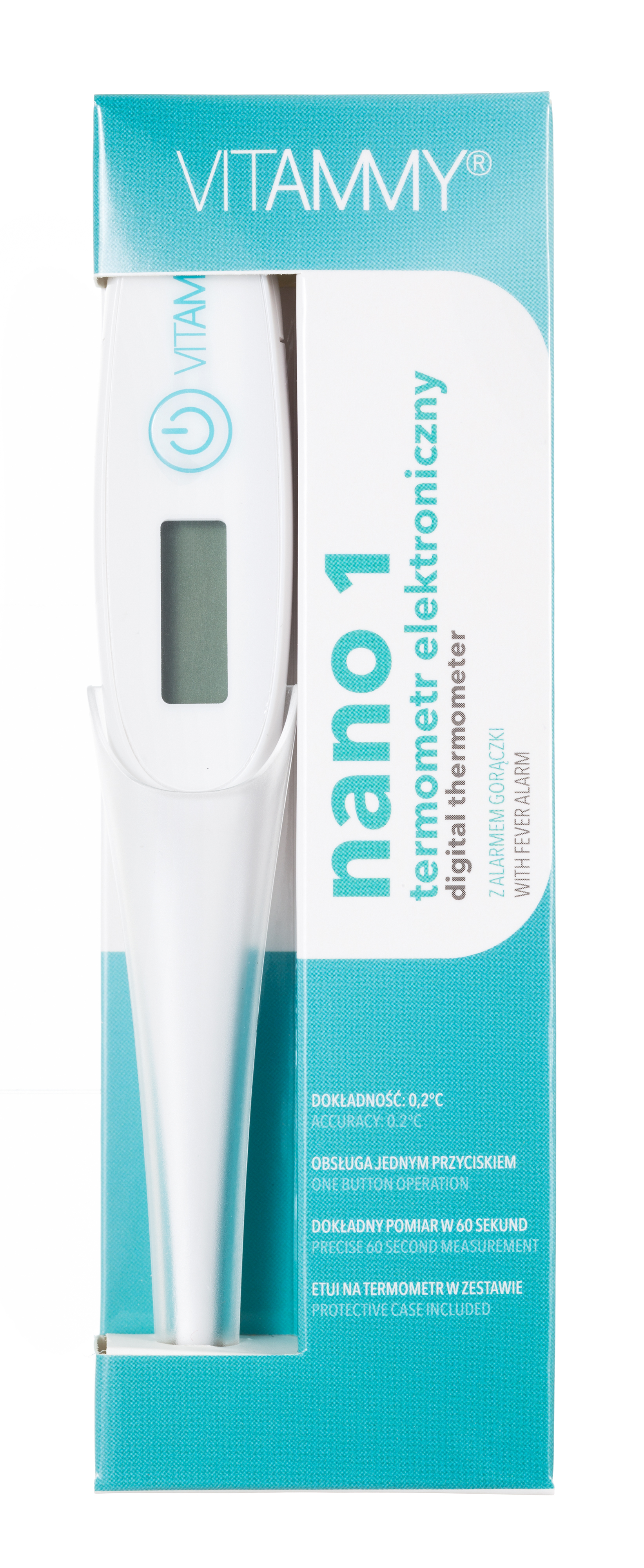 Biały termometr cyfrowy Vitammy Nano 1 w turkusowo-białym opakowaniu.