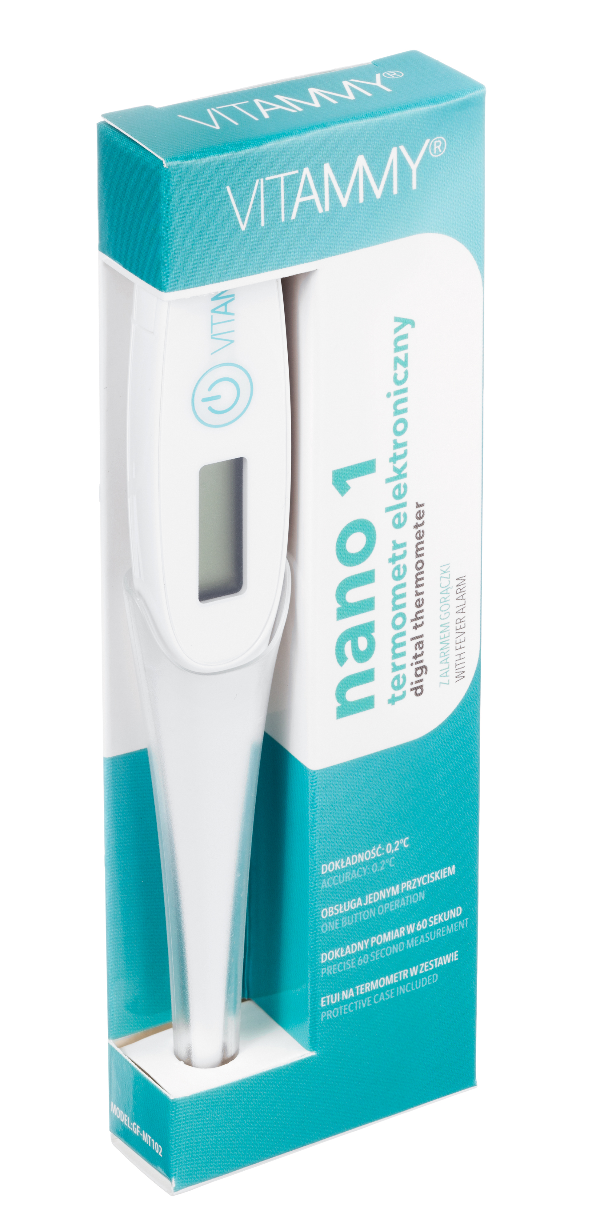 Biały termometr cyfrowy nano 1 w niebiesko-białym opakowaniu marki Vitammy.