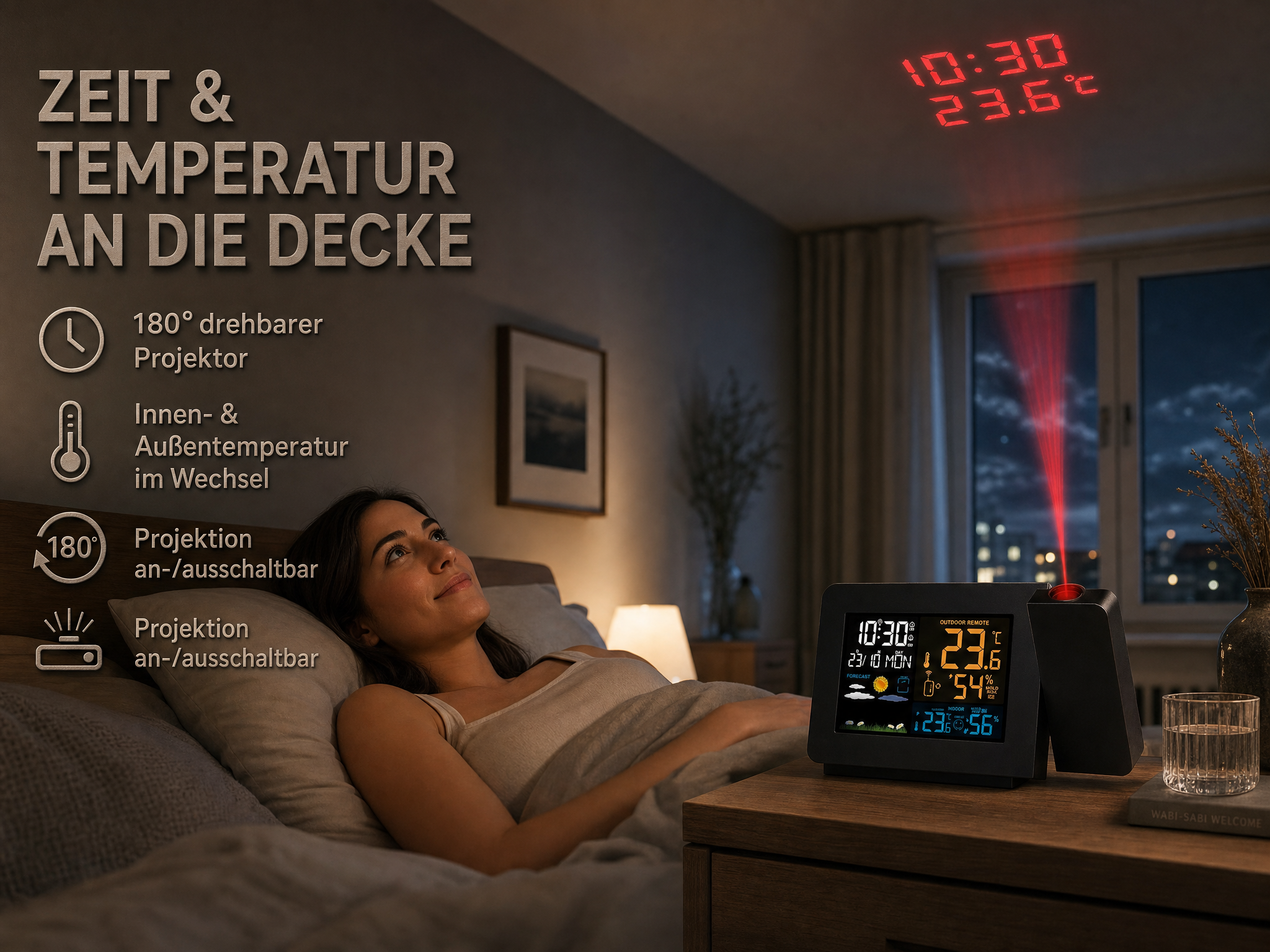 Eine Frau im Bett blickt auf eine an die Decke projizierte Uhrzeit von einem Wecker auf dem Nachttisch.