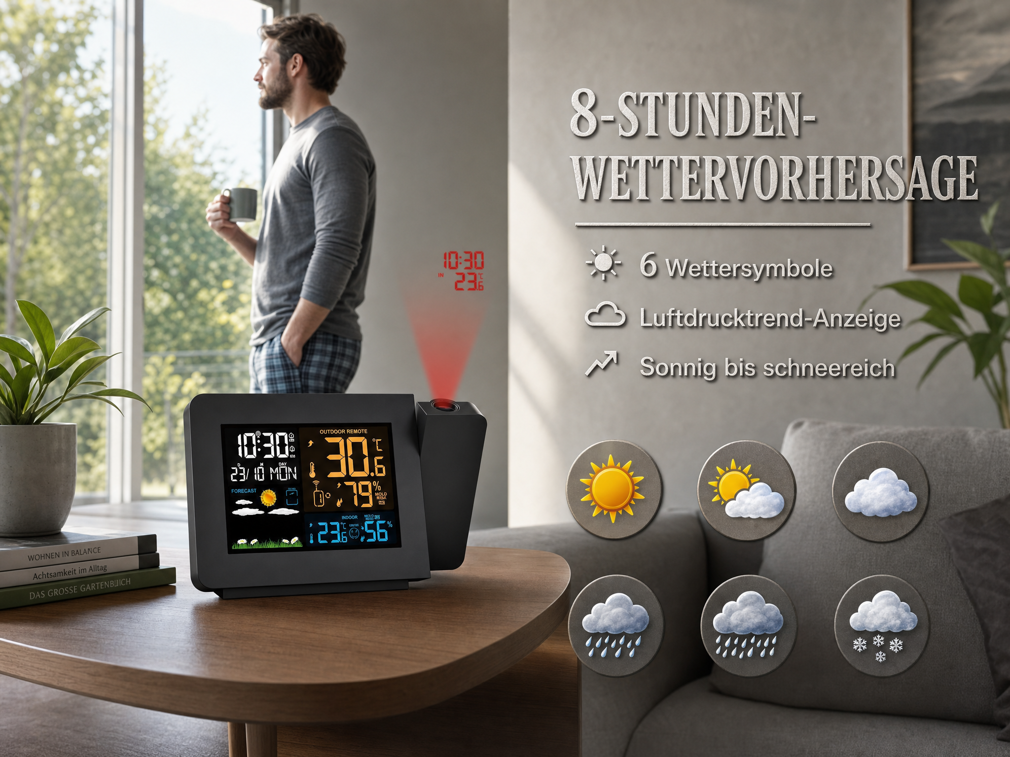 Wetterstation auf Holztisch projiziert Uhrzeit, im Hintergrund steht ein Mann am Fenster.