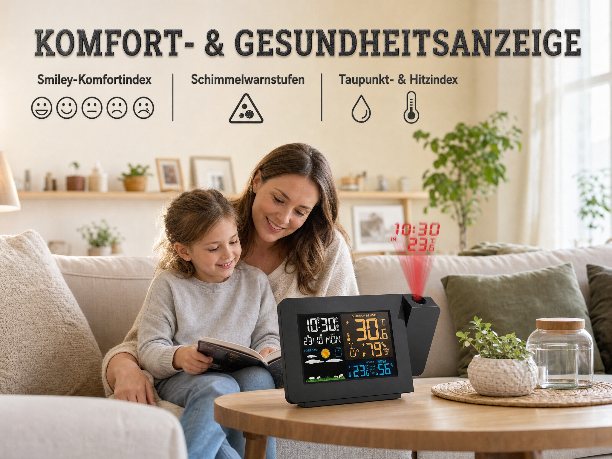Mutter und Kind sitzen auf einer Couch neben einer Wetterstation mit Temperatur und Uhrzeit.