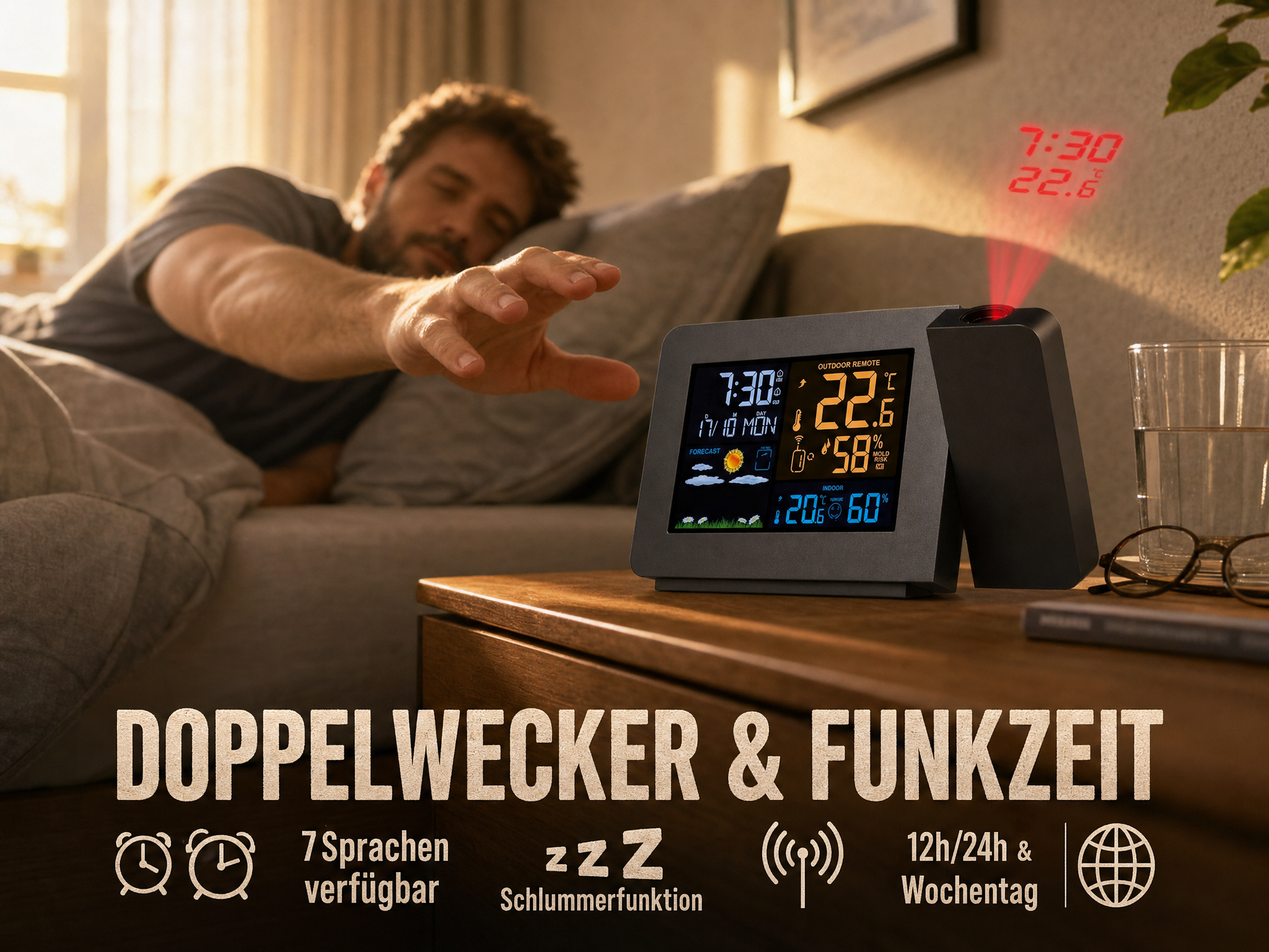 Ein Mann im Bett greift nach einer Digitaluhr mit Projektion auf dem Nachttisch.