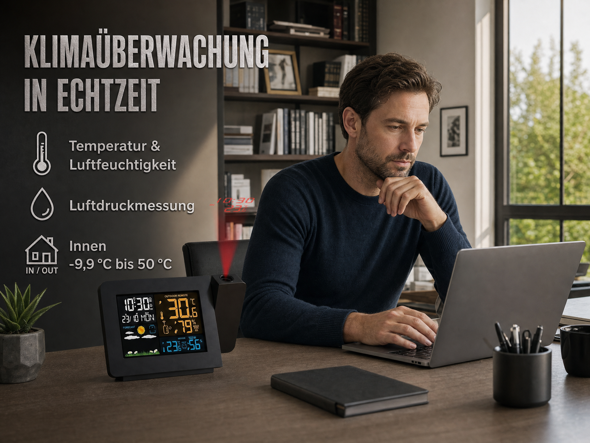 Ein Mann sitzt an einem Holztisch vor einem Laptop, während links eine Wetterstation mit LCD-Display steht.