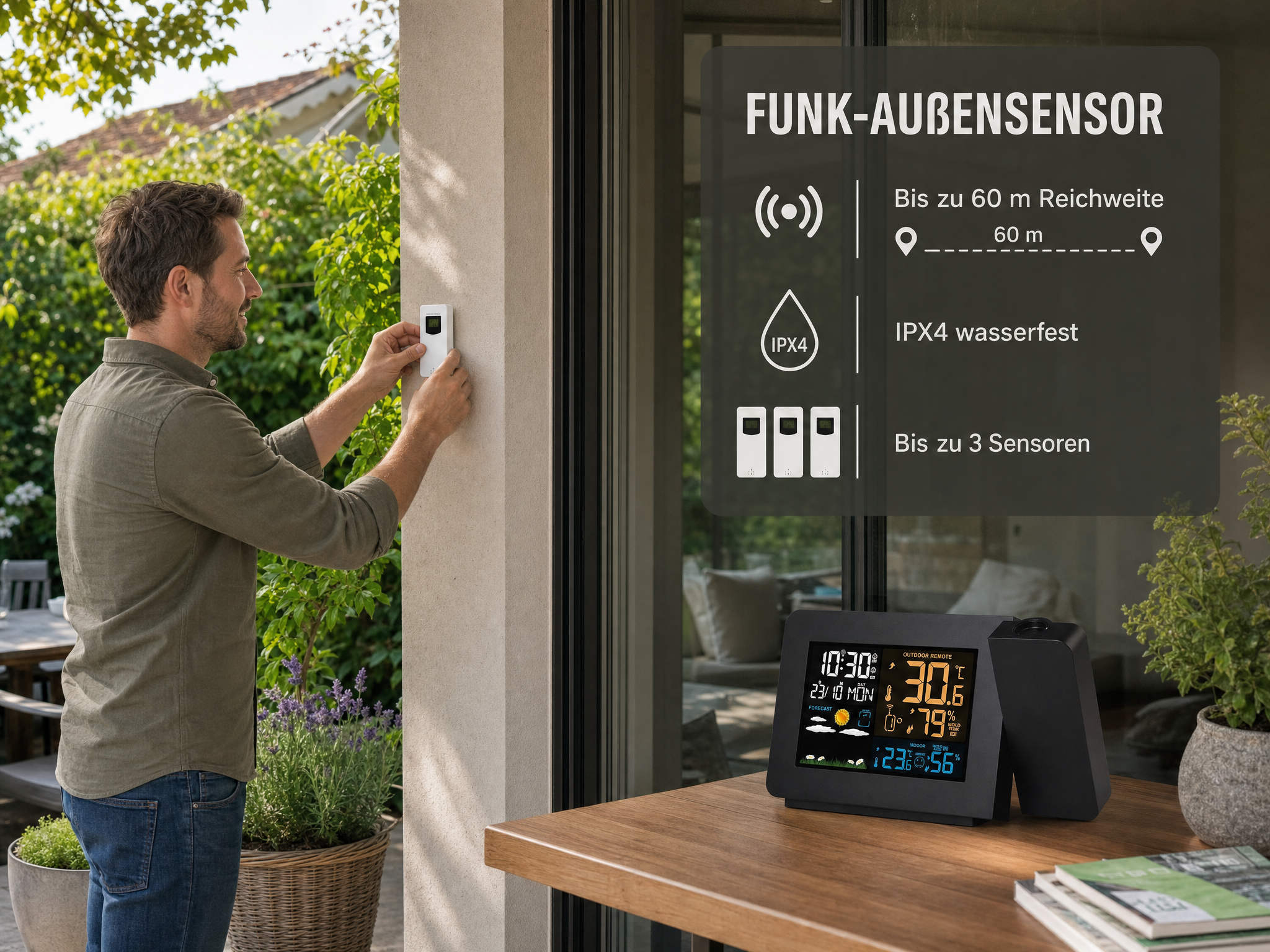 Ein Mann montiert einen Funksensor an der Außenwand, mit Wetterstation und Infografik im Bild.