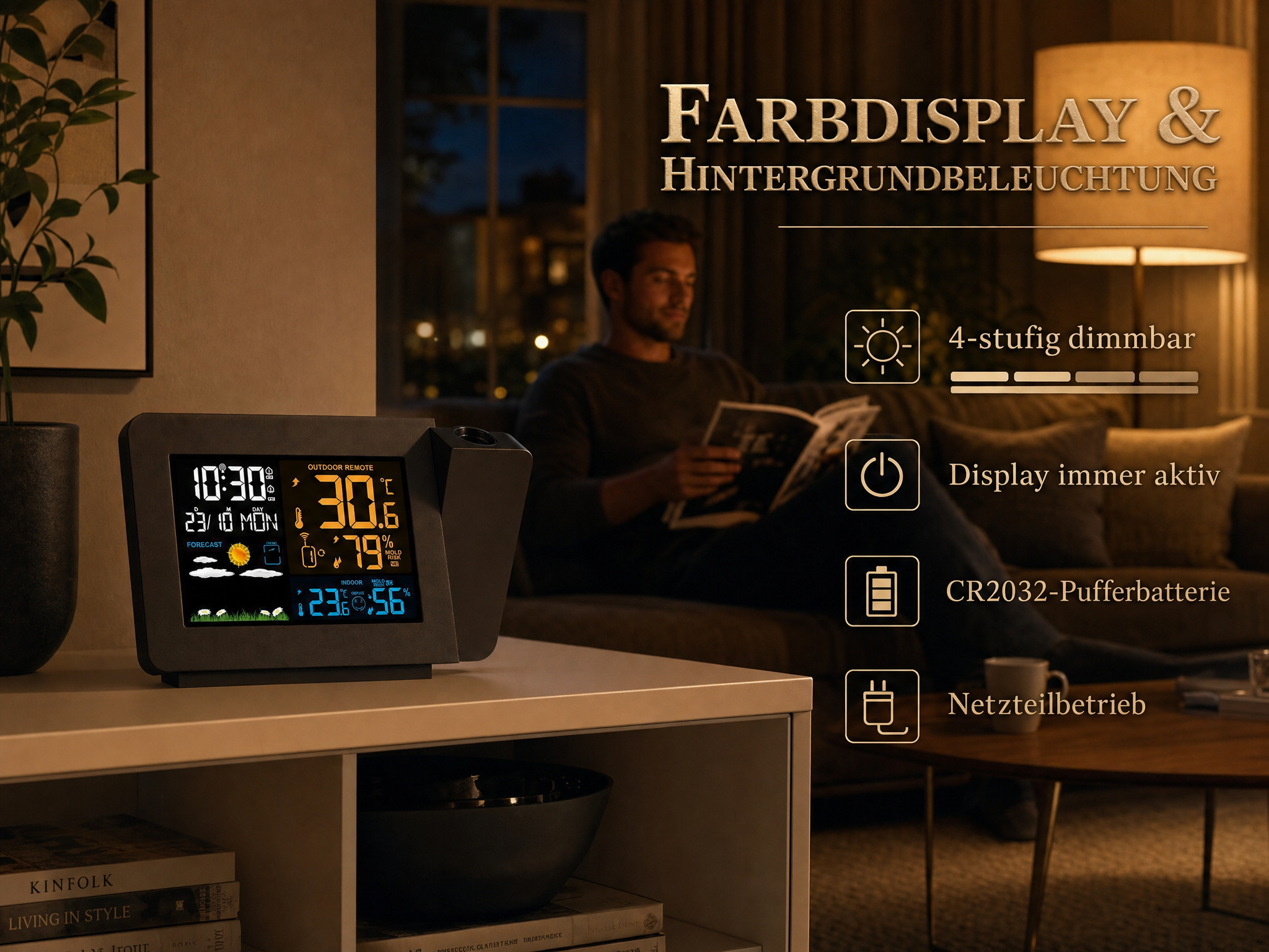 Eine Wetterstation auf einem weißen Tisch in einem gedimmten Raum mit einem lesenden Mann im Hintergrund.