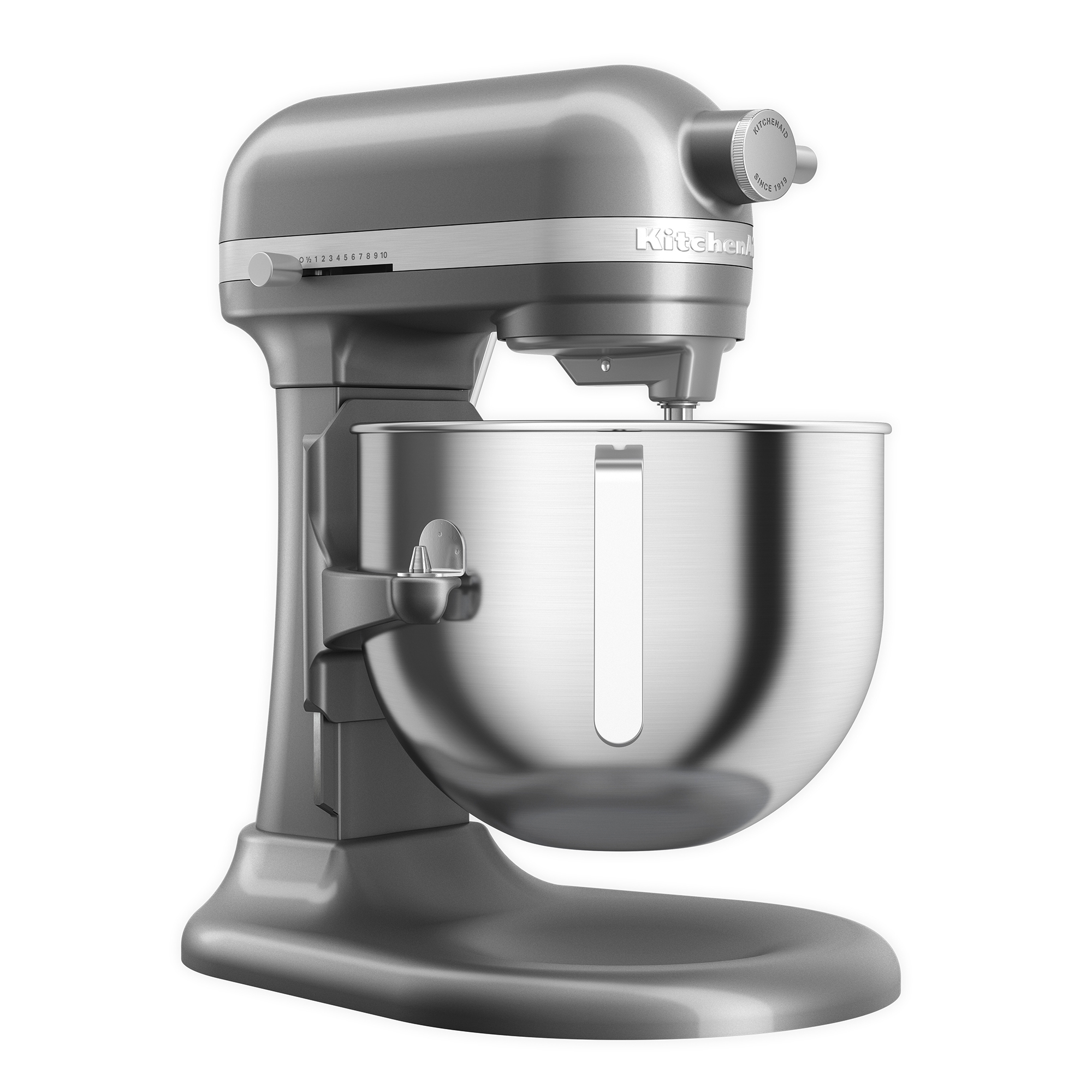 Ein grauer KitchenAid Standmixer mit einer großen Edelstahlschüssel auf weißem Hintergrund.