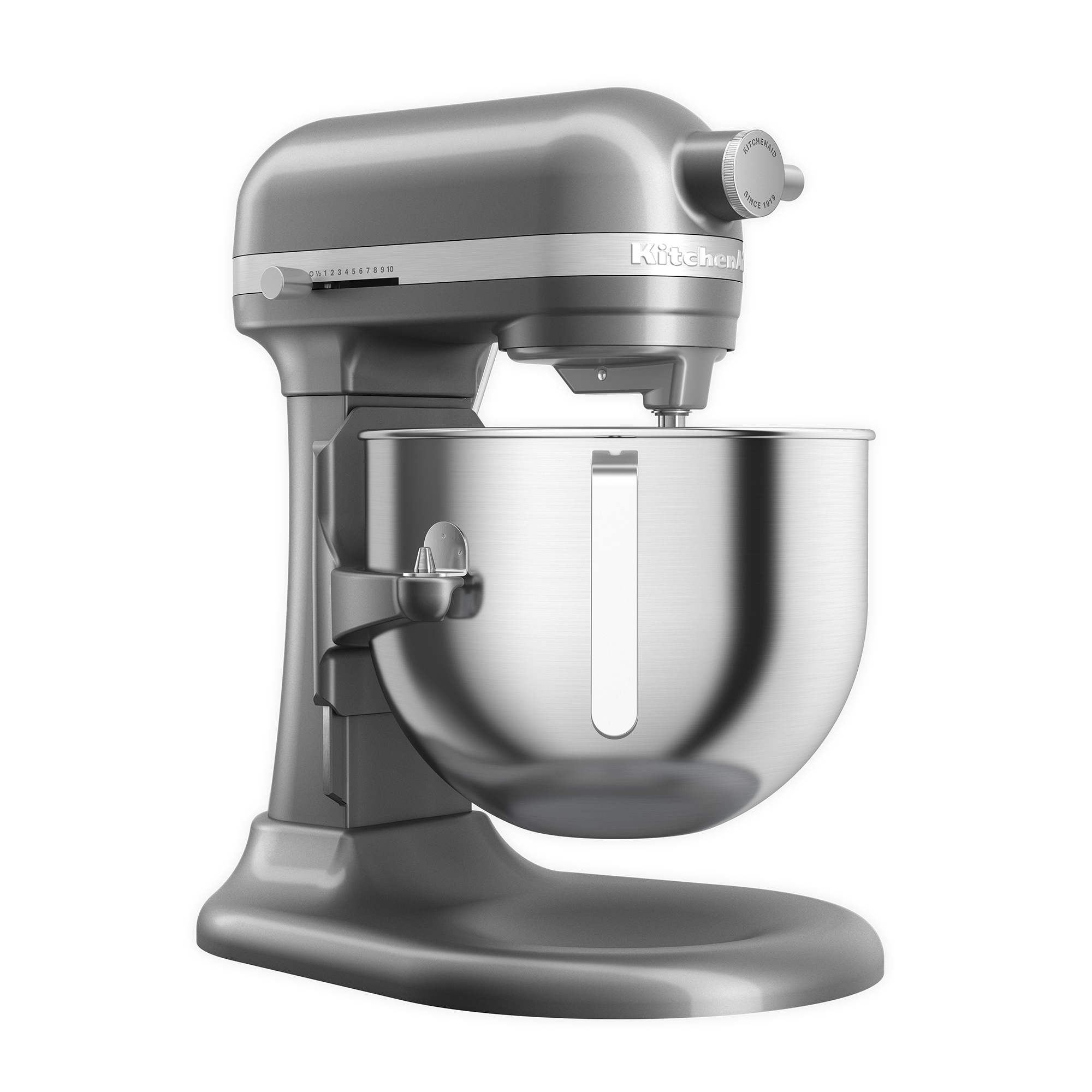 Eine graue KitchenAid Küchenmaschine mit einer Edelstahl-Rührschüssel auf weißem Hintergrund.