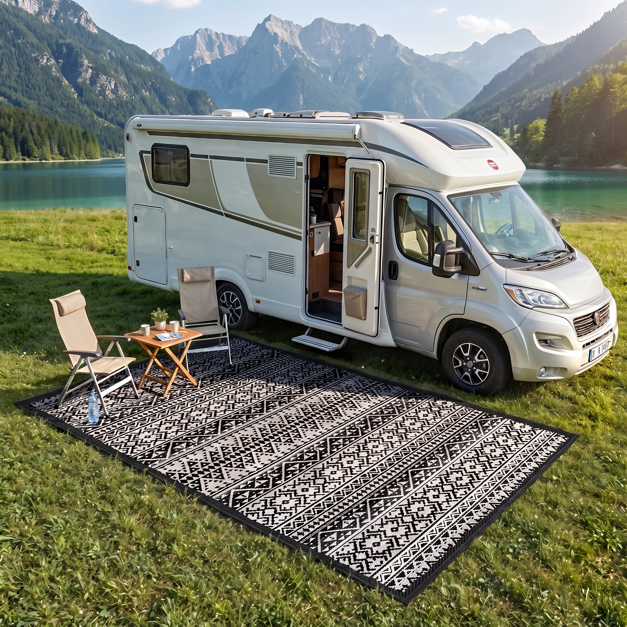 Ein weißes Wohnmobil parkt am See vor hohen Bergen. Davor stehen Stühle und ein Teppich.