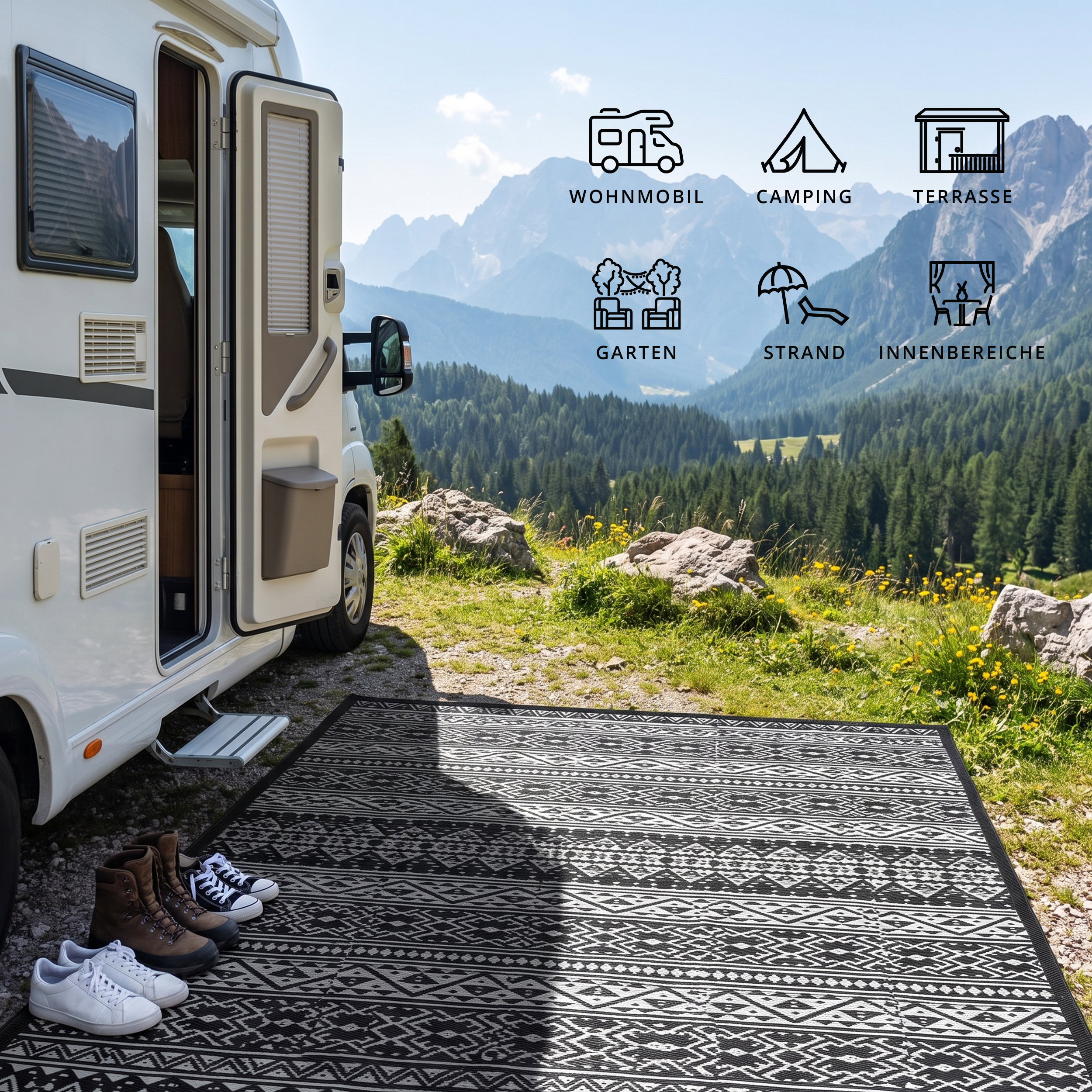 Wohnmobil mit schwarzem Teppich auf einer Bergwiese mit Icons für Wohnmobil, Camping, Terrasse, Garten, Strand und Innenbereich.