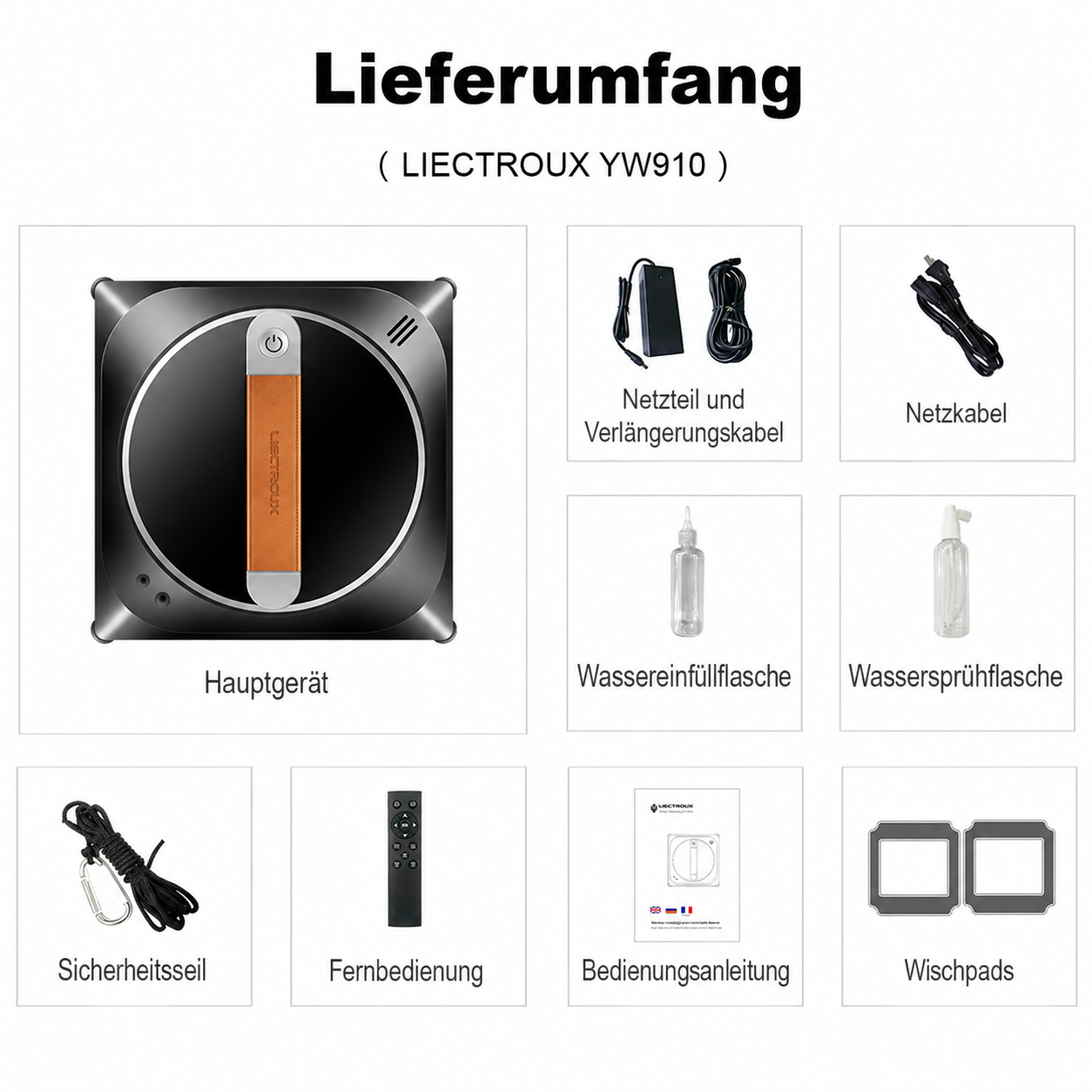 Lieferumfang des Liectroux YW910 Fensterputzroboters mit Hauptgerät, Kabeln, Flaschen, Fernbedienung und Zubehör.