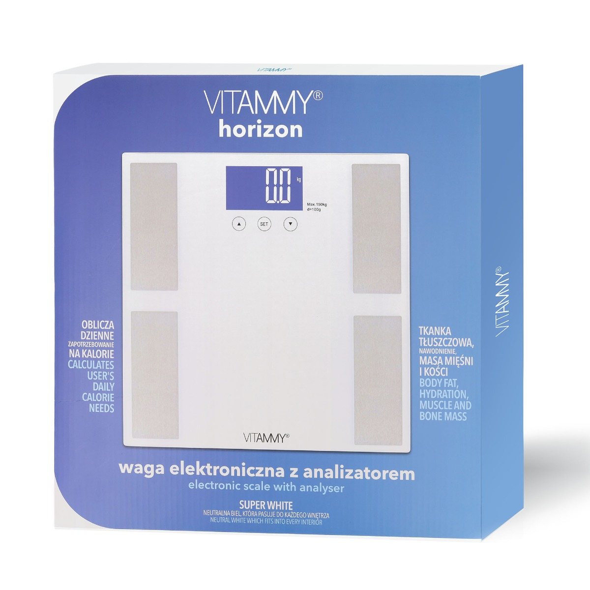 Niebieskie pudełko produktu z białą wagą łazienkową Vitammy Horizon z wyświetlaczem LCD.