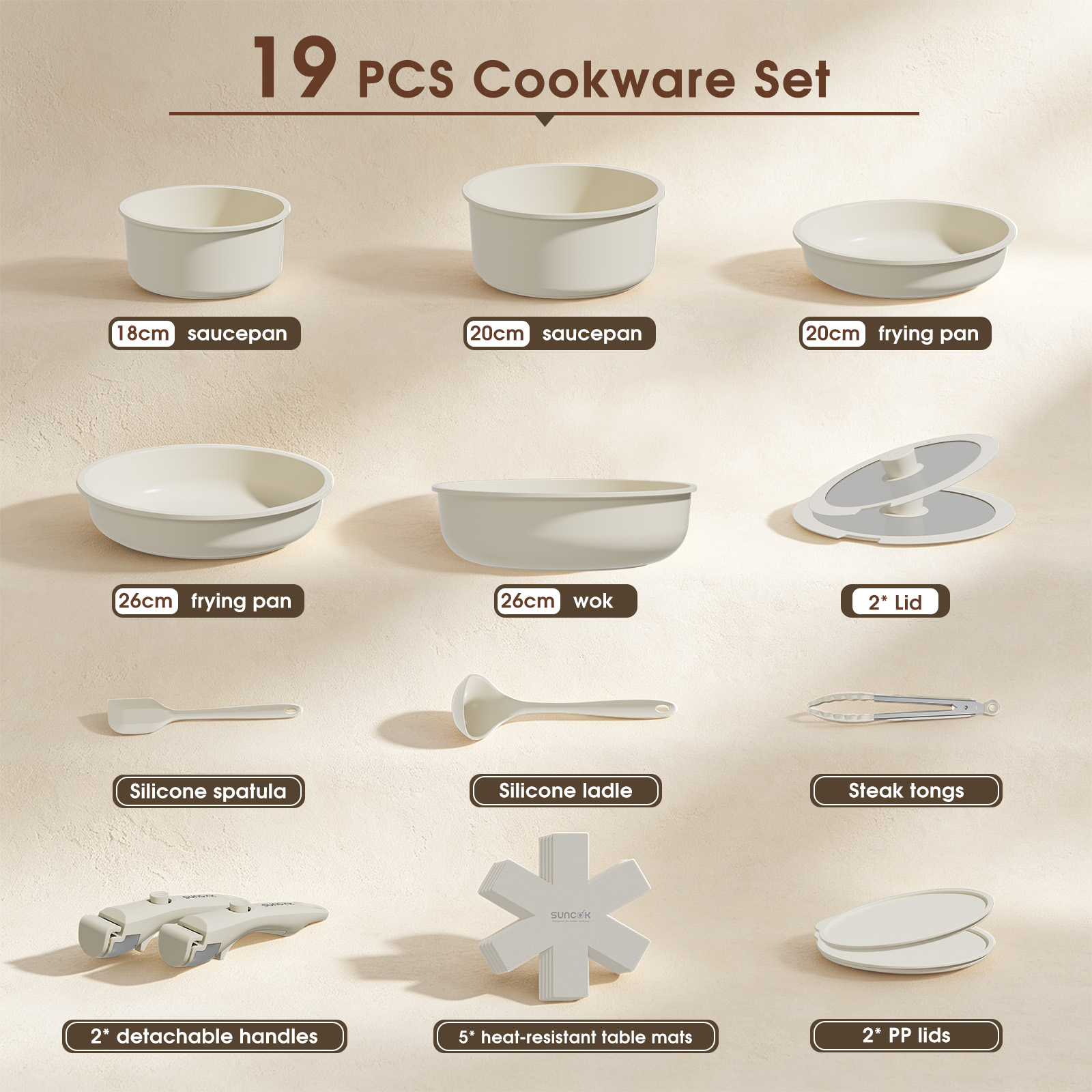 Ensemble de 19 ustensiles de cuisine couleur crème avec casseroles, poêles, ustensiles et couvercles.