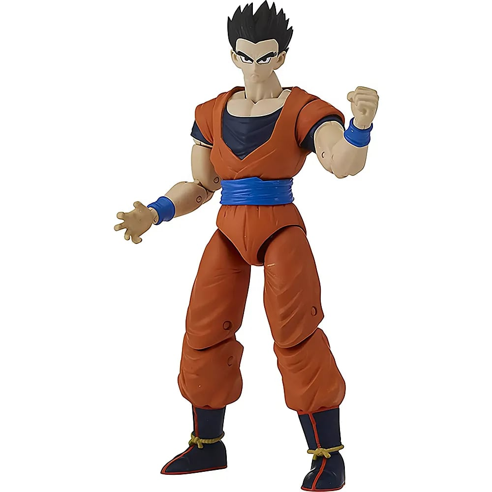 Eine Gohan-Actionfigur in orangem Kampfanzug mit blauen Akzenten, schwarzem Haar und kampfbereiter Pose.