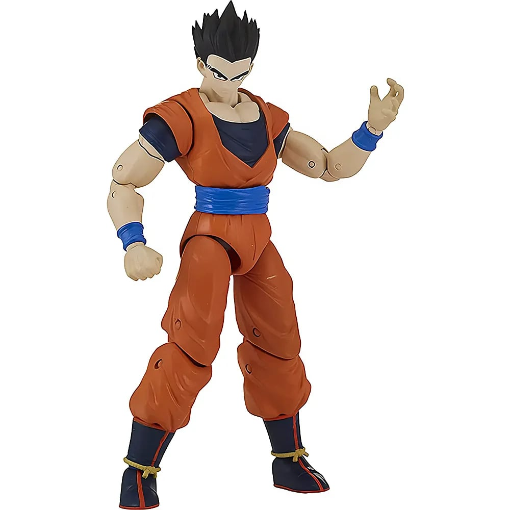 Eine Actionfigur einer männlichen Figur in orange-blauem Kampfsport-Gi mit stacheligem schwarzem Haar und sichtbaren Gelenken.