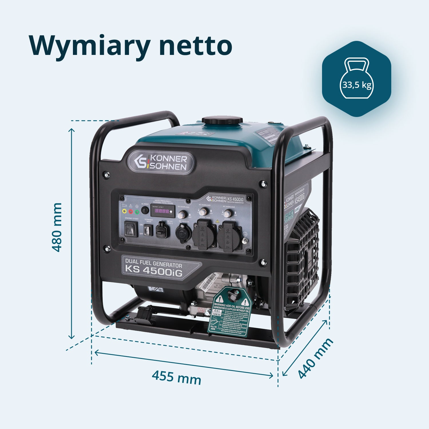 Czarno-turkusowy generator dwupaliwowy Konner & Sohnen o wymiarach 455x440x480 mm i wadze 33,5 kg.