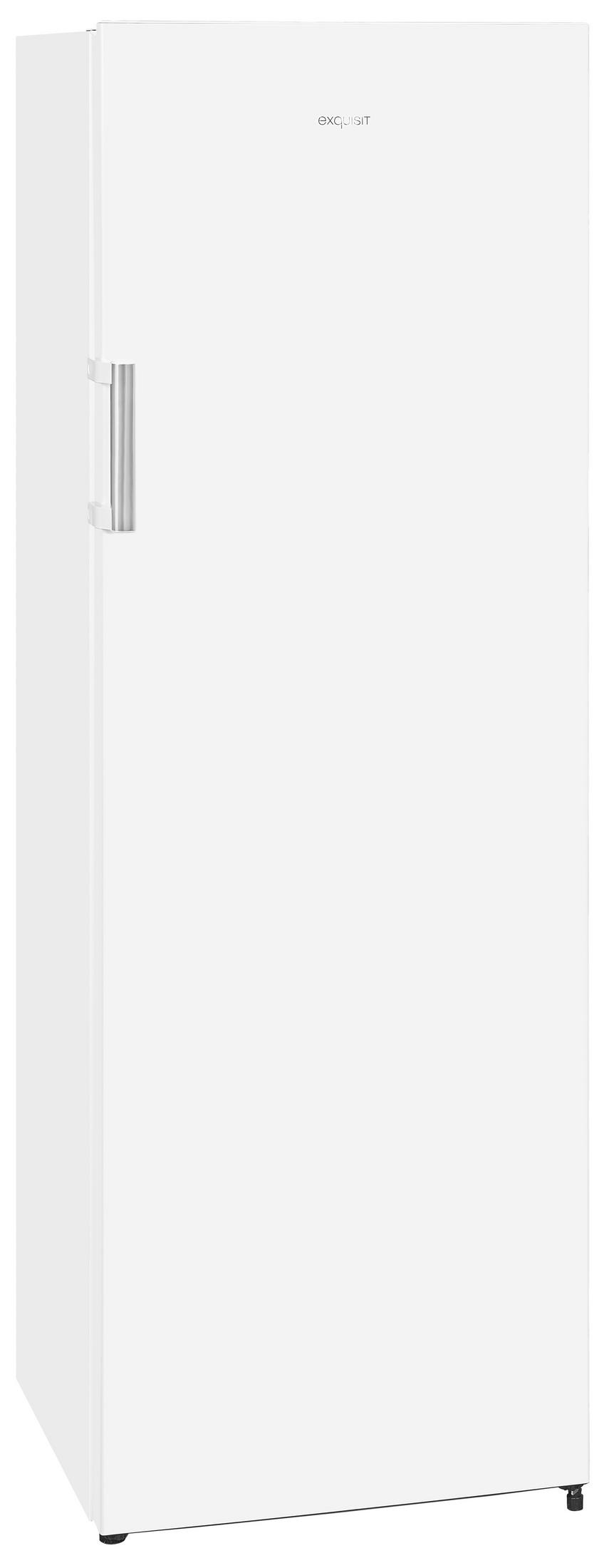 Ein weißer Exquisit-Kühlschrank mit einem silbernen Griff steht einzeln auf weißem Hintergrund.